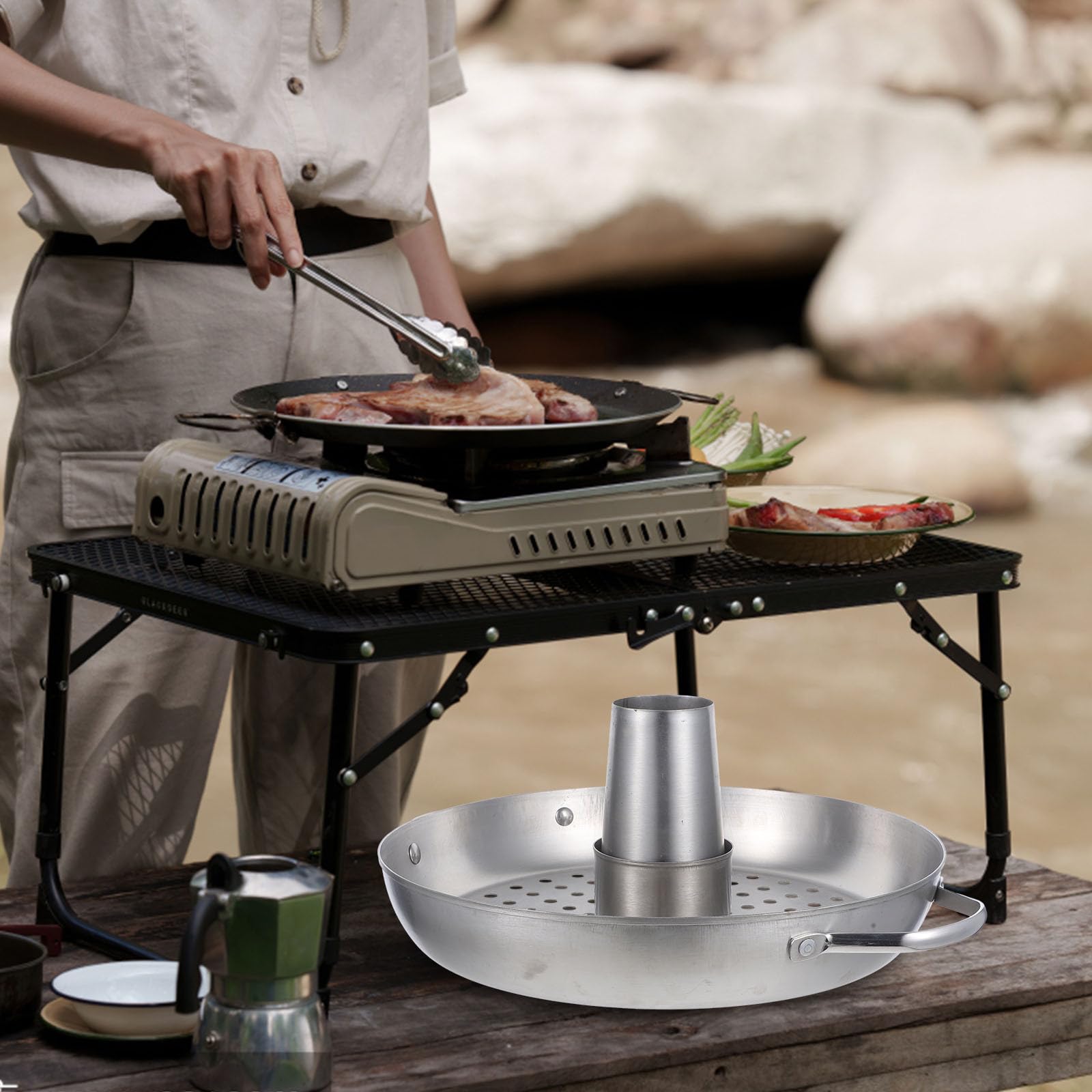 FOMIYES Soporte para Asar Pollos de Acero Inoxidable Bandeja Desmontable para Parrilla, Estable y Fácil de Limpiar, Adecuado para Camping y Barbacoas al Aire Libre
