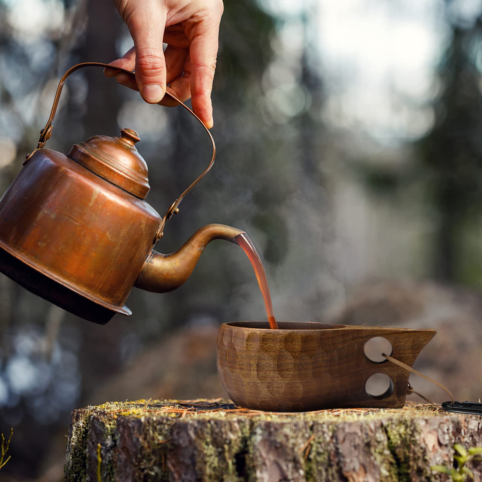 Kuksa Drewniany kubek kempingowy drewniany kubek Kuska kubki do kawy, tradycyjny nordycki design, ze smyczą i karabińczykiem, lekki, trwały, idealny towarzysz na kemping, żerowanie lub ogrodnictwo - 355 ml