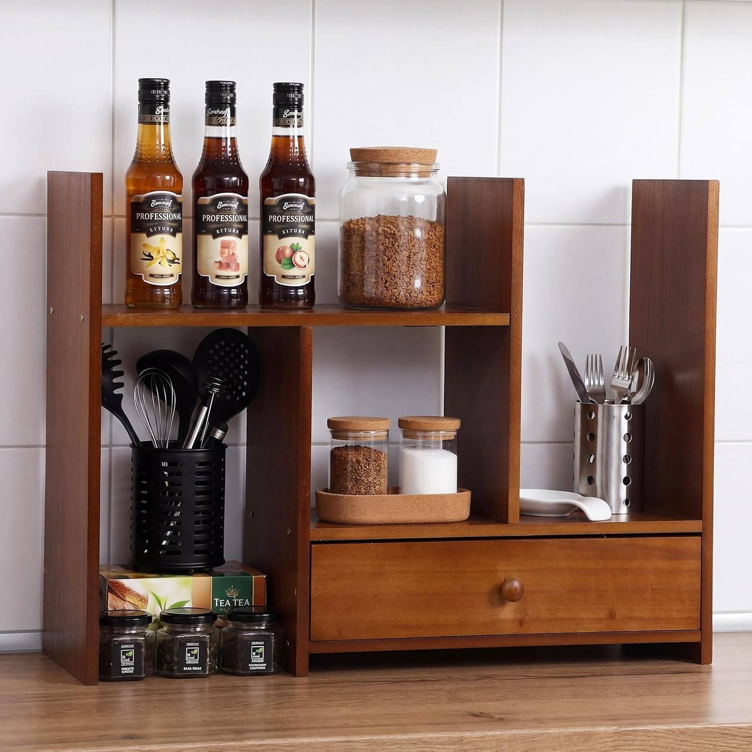 Nuanchu Kitchen Countertop Organizer Rack Cabinet Organizer Shelf Stackable Counter Corner Shelves Food Storage for Pantry, Counter Top Coffee Station