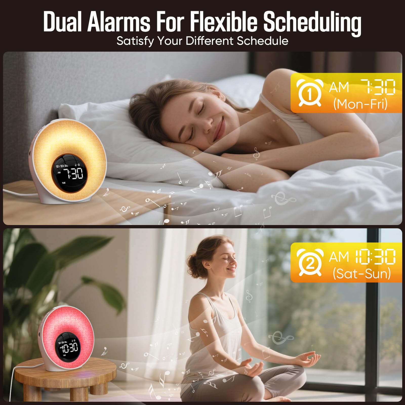 Tageslichtwecker, Lichtwecker Sonnenaufgang Wecker mit Licht,Wecker Digital | Mit 2 Alarme und Snooze, White Noise Machine mit 30 Schlafgeräusche, Nachttischlampe mit 20 Helligkeit, 8 Farblicht, Timer