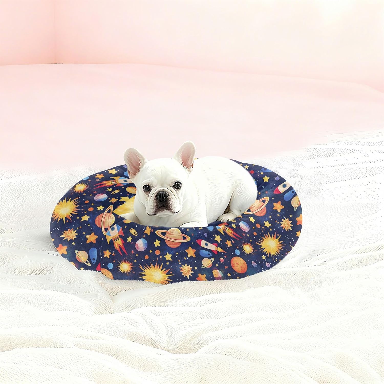 Pet Dog Bed Anti-Slip Fluffy Cat Pillow Bed for Medium Size Pets Supplies M Cute Stars Rockets Planets