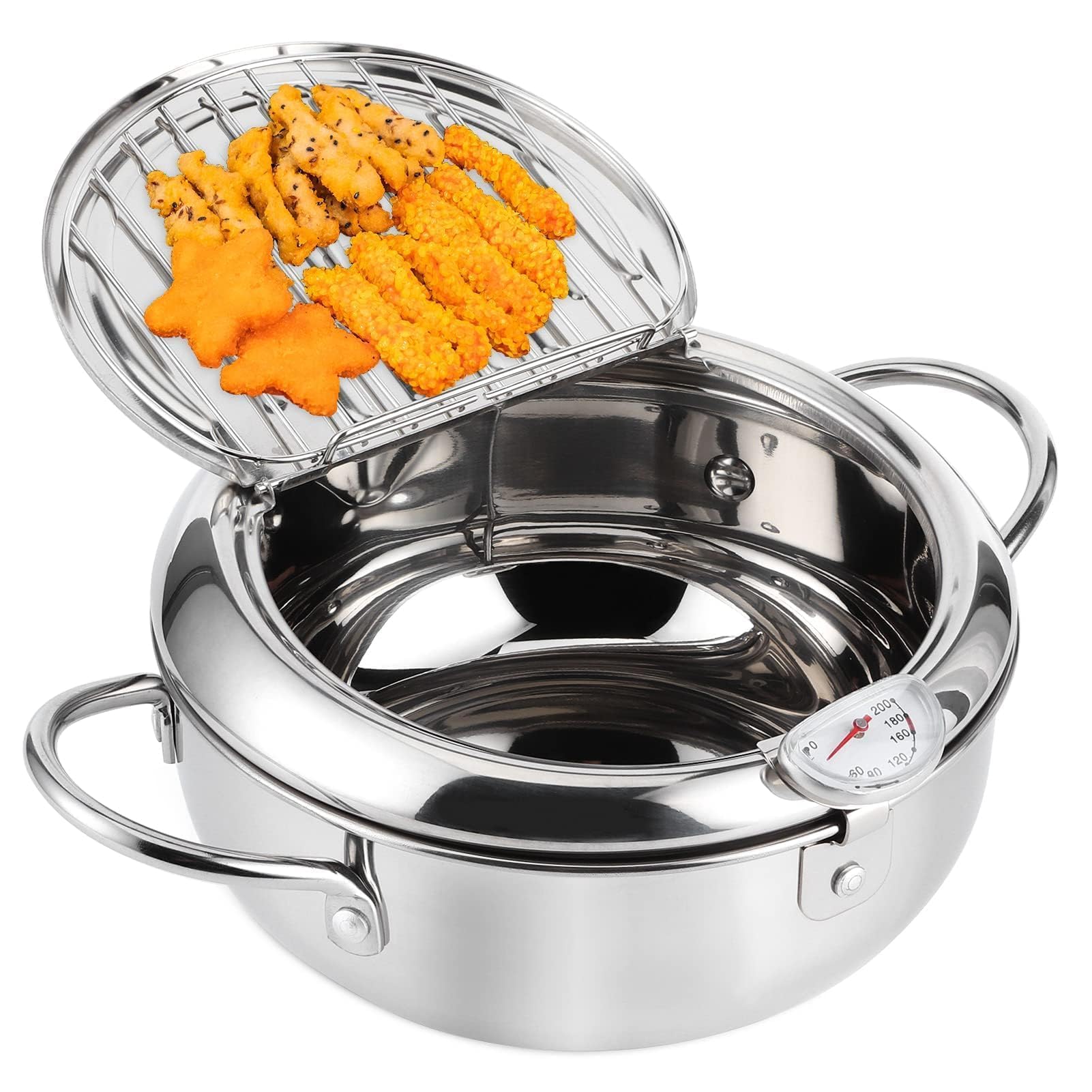 Giapponese Tempura Friggitrice, Mini Pentola Per Friggere In Acciaio Inossidabile Con Termometro, Pentola per friggitrice, Coppa Olio con Coperchio della Griglia Antigoccia per per pollo francese