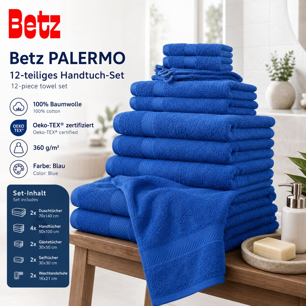 Betz Set da 12 asciugamani PALERMO 100% cotone 2 asciugamani da doccia 4 asciugamani 2 asciugamani per gli ospiti 2 lavette 2 guanti da bagno Colore blu