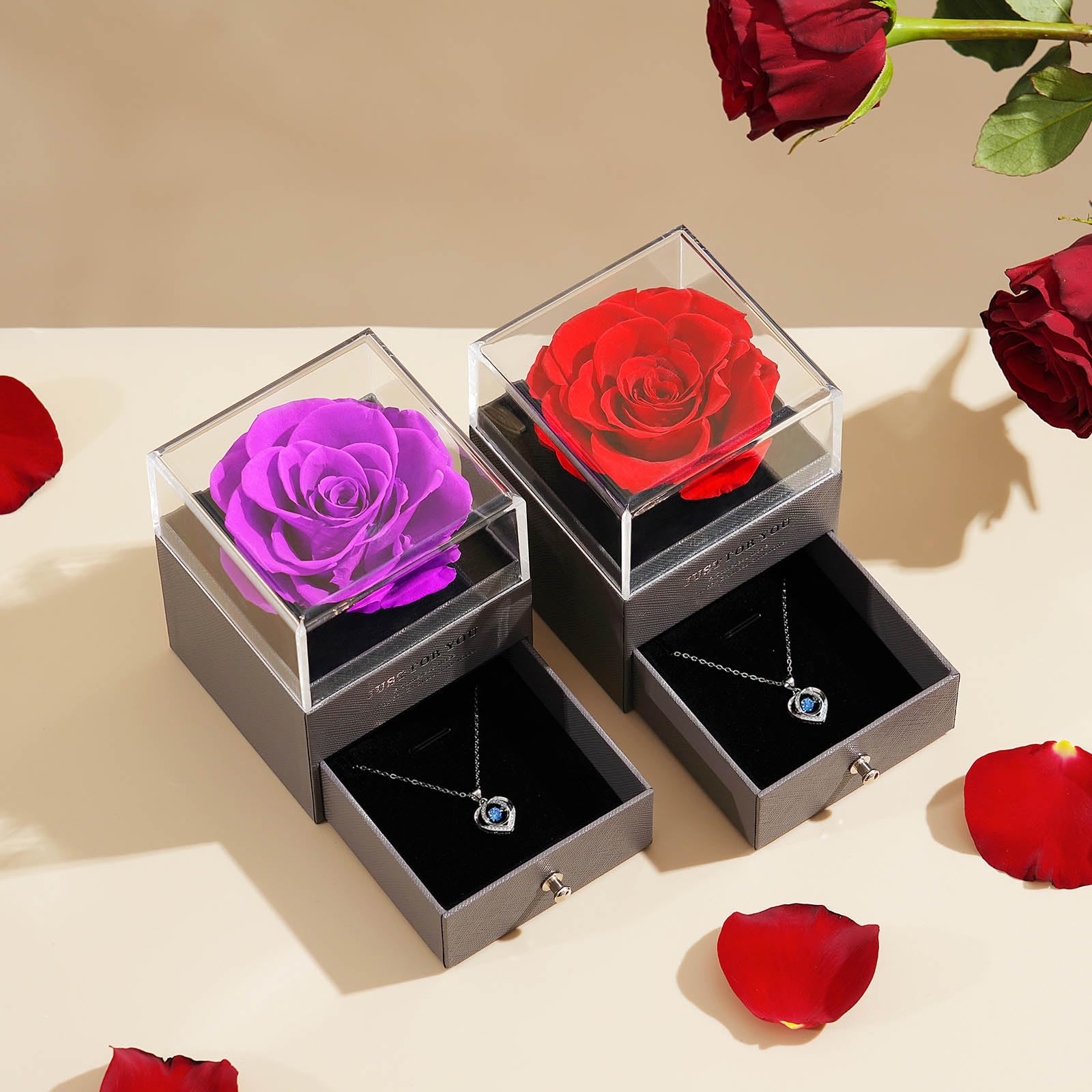 ADDWel Regalos Originales para Mujer Día de la Madre y el Sant Jordi, Rosa Eterna Natural Preservada con Collar en Caja de Música, Regalo Romántico para Novia, Esposa o Mamá Cumpleaños o Aniversario