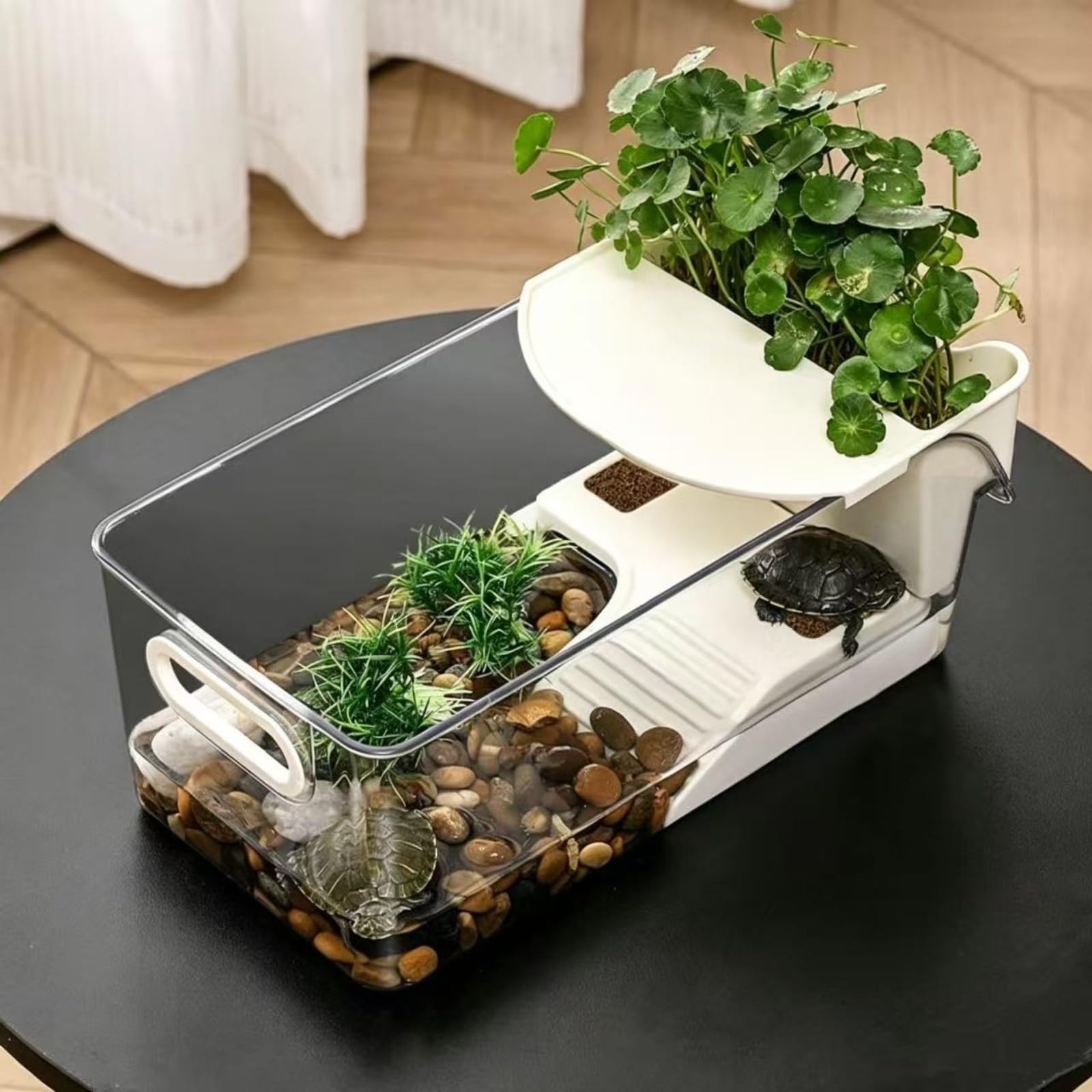 Terrario Grande con Plataforma para Terrario de Tortugas con Plataforma para Tomar el Sol y Rampa,Tanque Transparente para Tortugas Recinto para Reptiles， Cangrejos y Pequeños Peces,