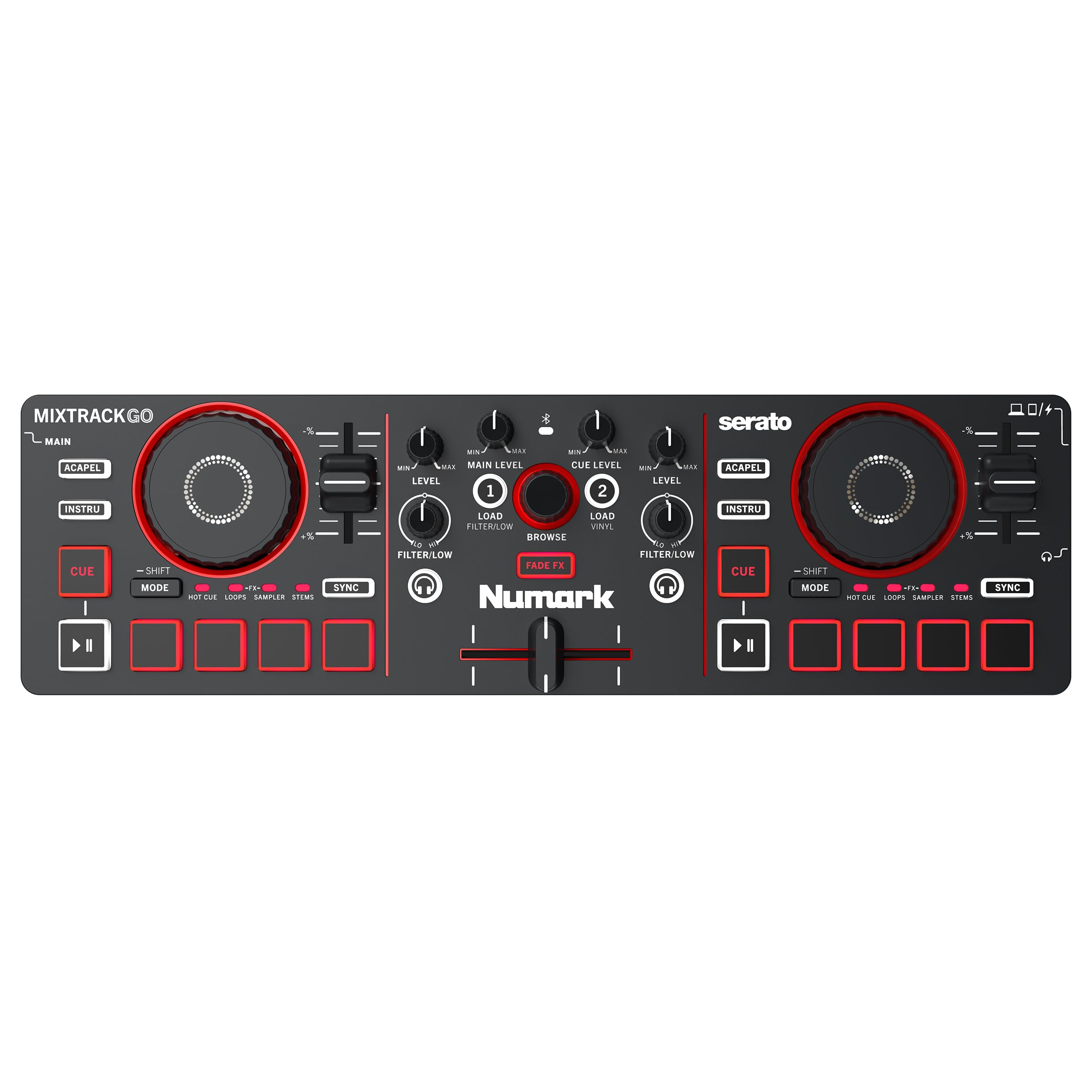 Numark Mixtrack Go Controller DJ Bluetooth Compatto con Stems Control | Mixer DJ 2 deck, principianti e DJ mobili, Smart Fader, USB-C, Serato DJ Lite e Algoriddim djay inclusi, Gen 4