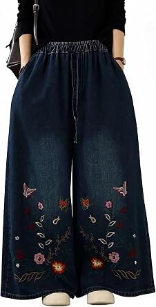 LAI MENG FIVE CATS Women Baggy Jeans Embroidery Wide Leg Denim Loose Pants | Drawstring Elastic Waist,Lightweight Jeans,Vintage,High Waist