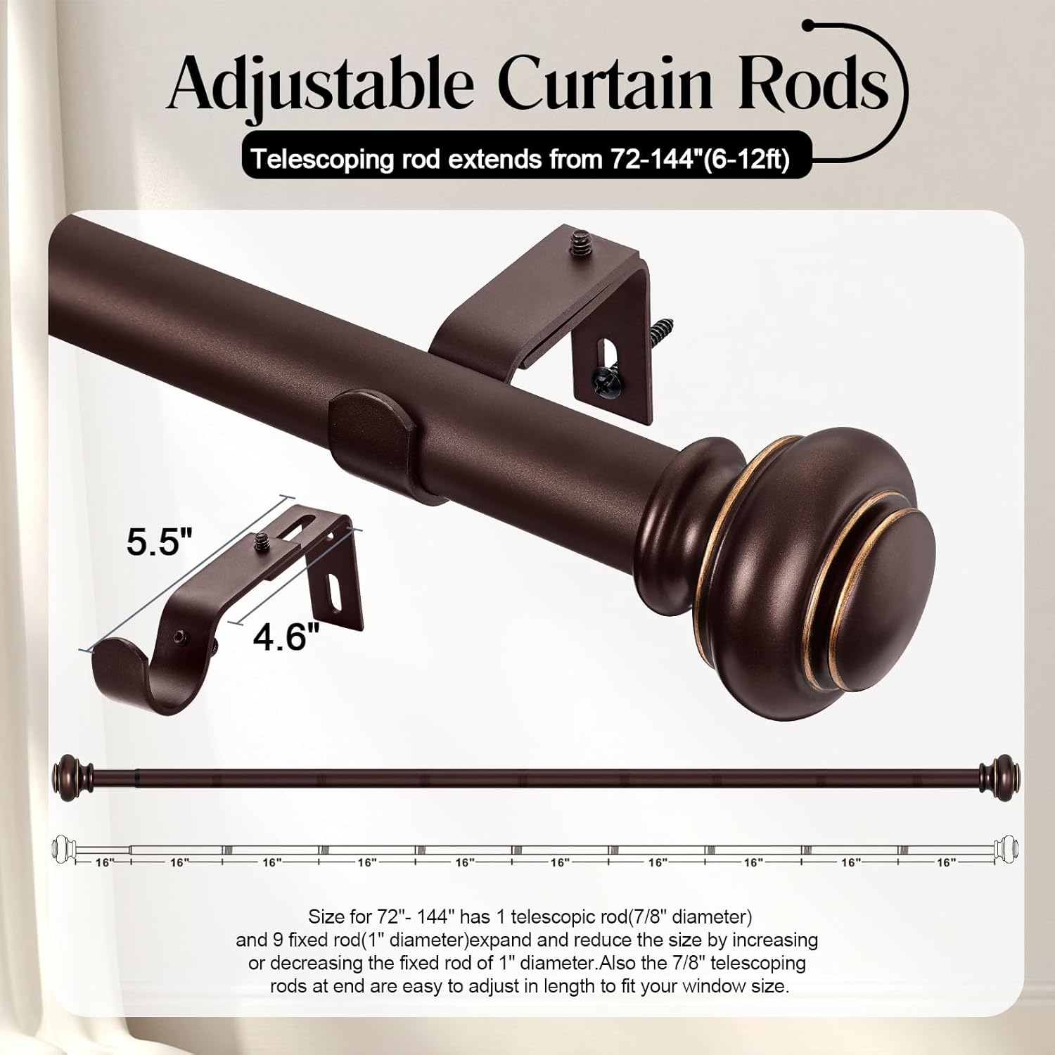 Heavy Duty Curtain Rods for Windows 72 to 144 Inches, 1 Inch Bronze Curtain Rods for Bedroom, Living Room, Patio, Kitchen, Adjustable Curtain Rods with Classic Finials, Bronze Finishing