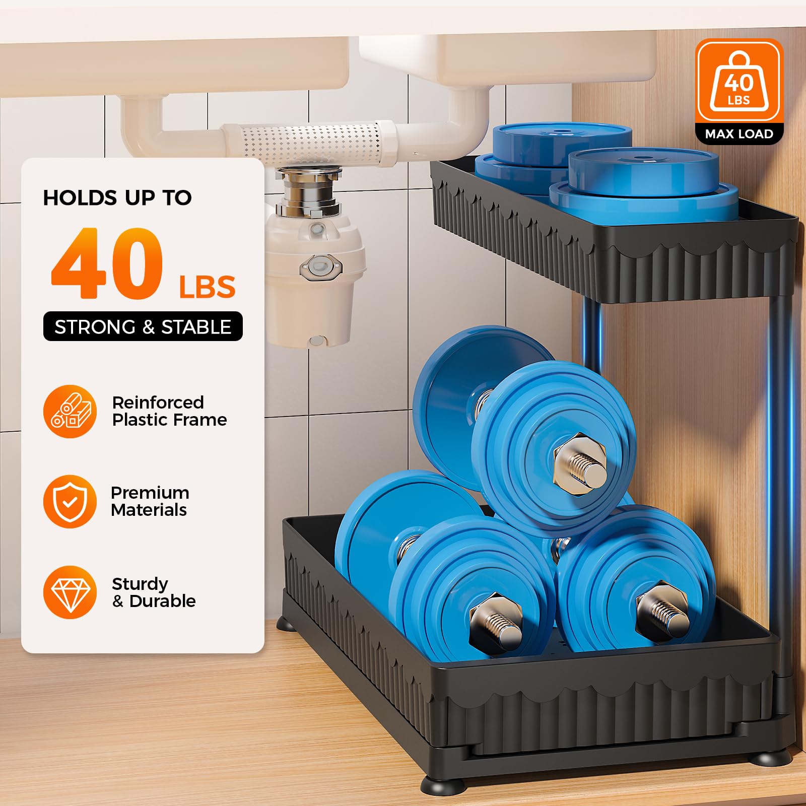 Sevenblue Paquete de 3 organizadores de almacenamiento extraíbles multiusos, organizadores de 2 niveles en forma de L para debajo del fregadero/armario y almacenamiento para baño y cocina, (negro