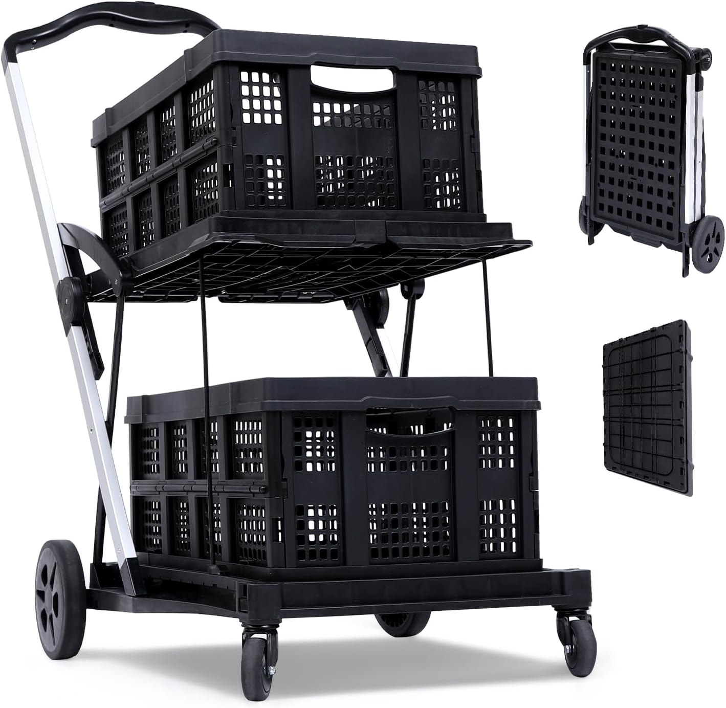 Two Layers Folding Shopping Carts | Multi Use Functional Collapsible Carts with 360 Rolling Swivel Wheels Shopping Cart with Storage Crate | Utility Cart for Groceries, Warehouse
