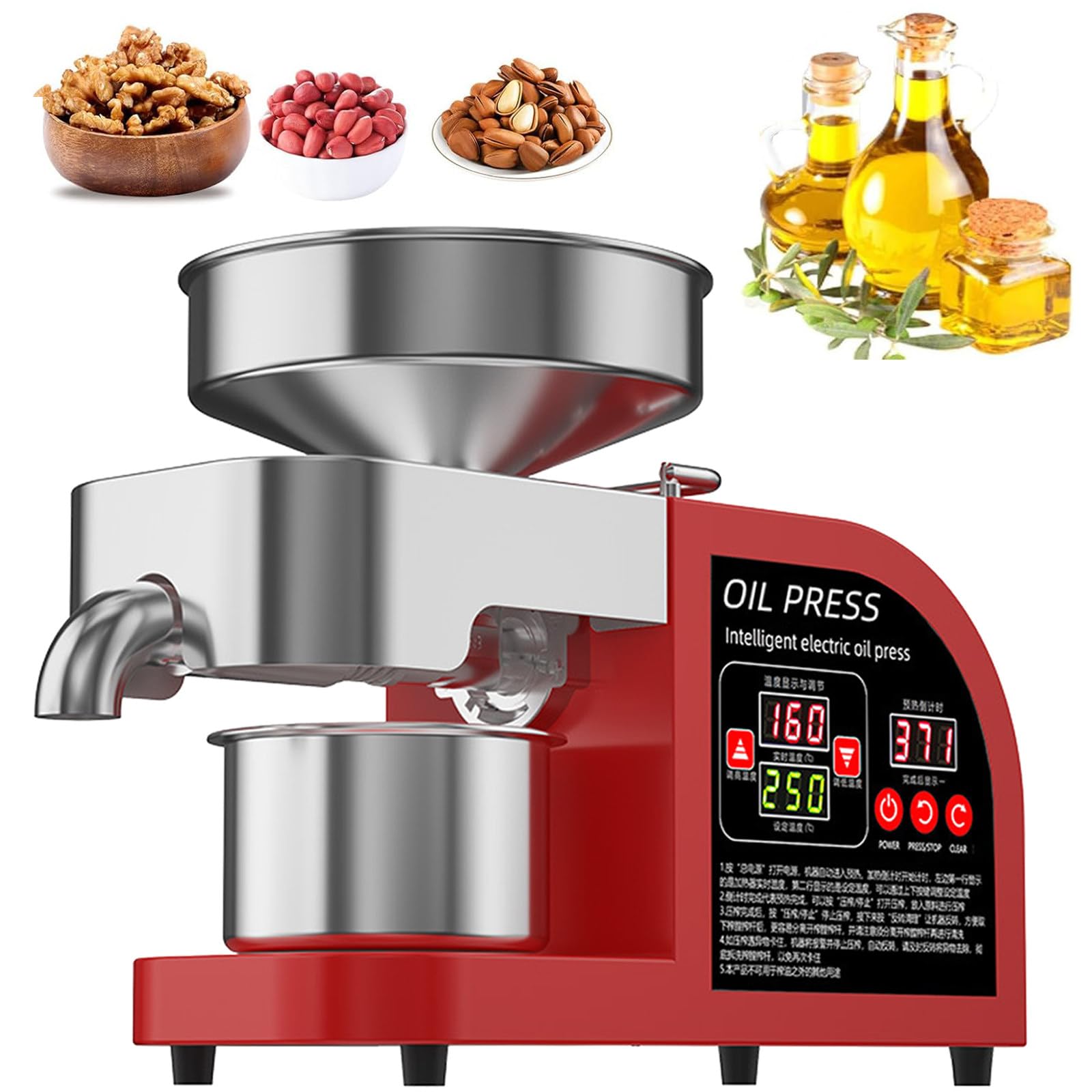BITYCOW Small Household Oil Press Machine, Automatic Hot Cold Pressing, 304 Stainless Steel Compact Design for Peanut Coconut Flax Seed red