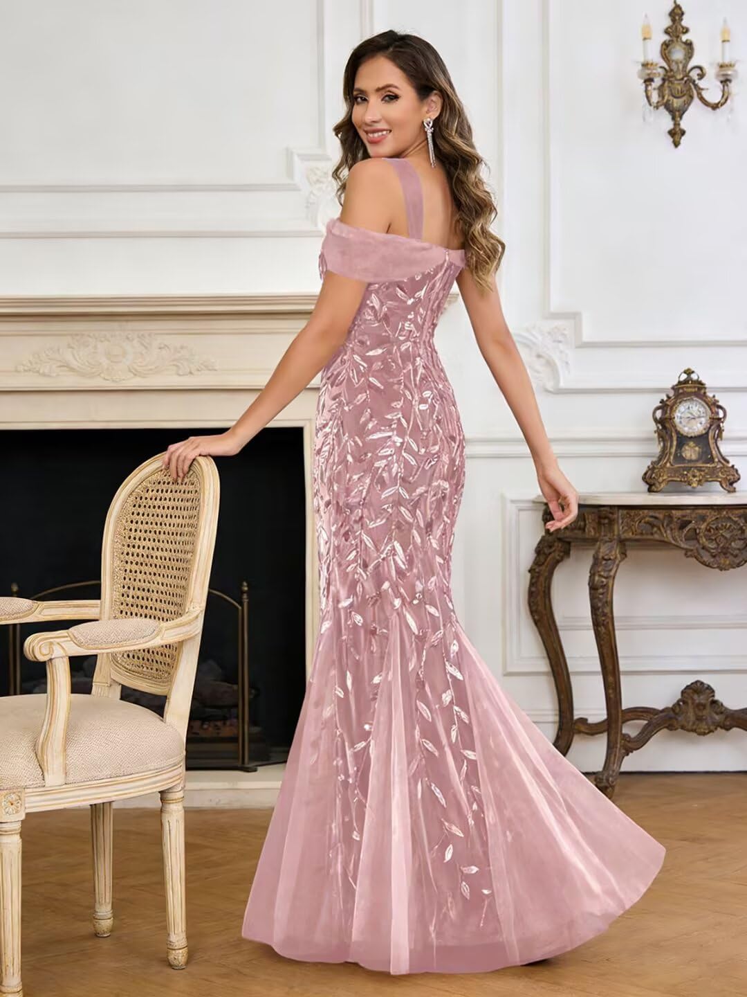 Mermaid Mother of Bride Dresses for Women Long Off The Shoulder Sequin Evening Formal Dress