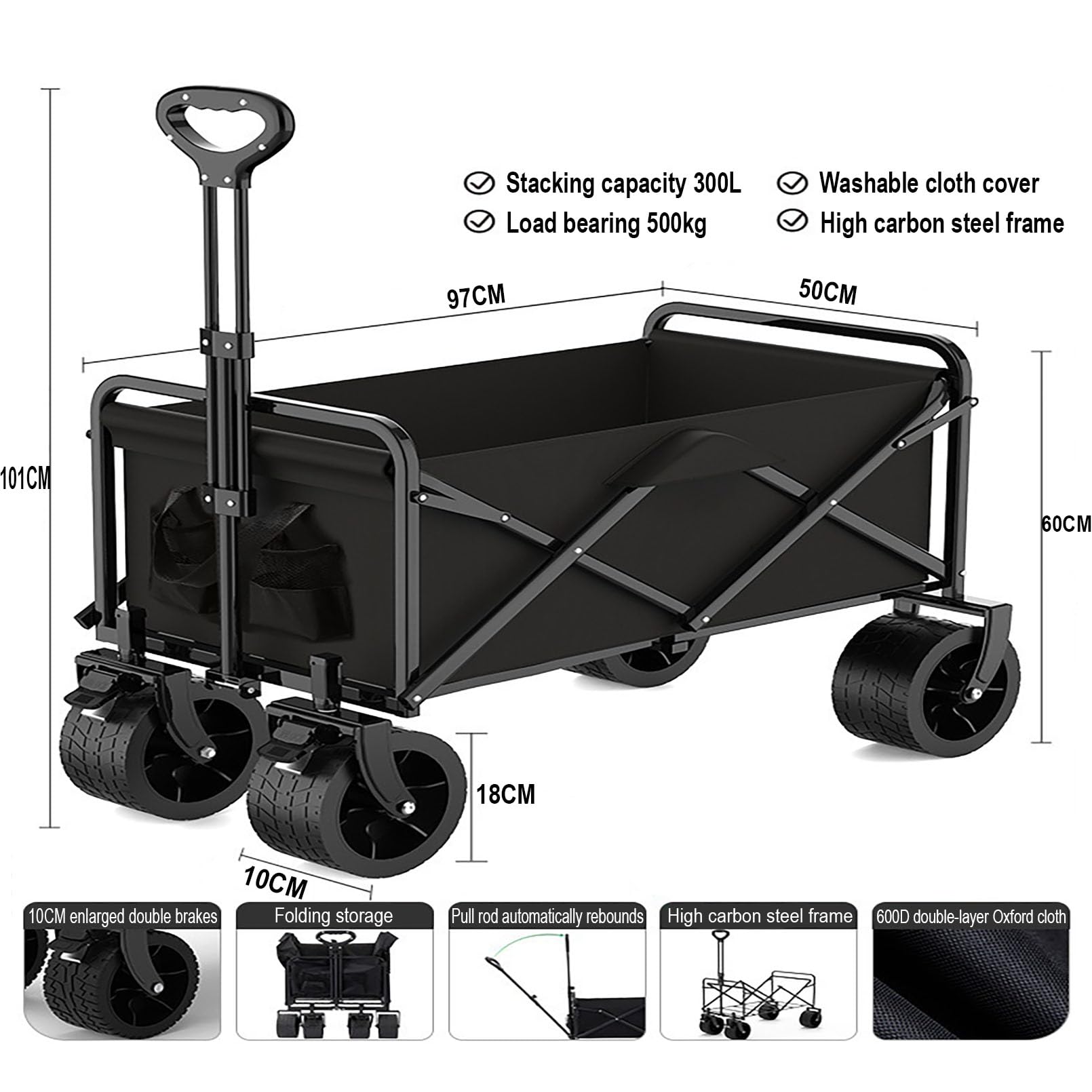 Carrello pieghevole da giardino multifunzionale per campeggio, shopping, barbecue, picnic, per tutti i terreni, con ruote in gomma