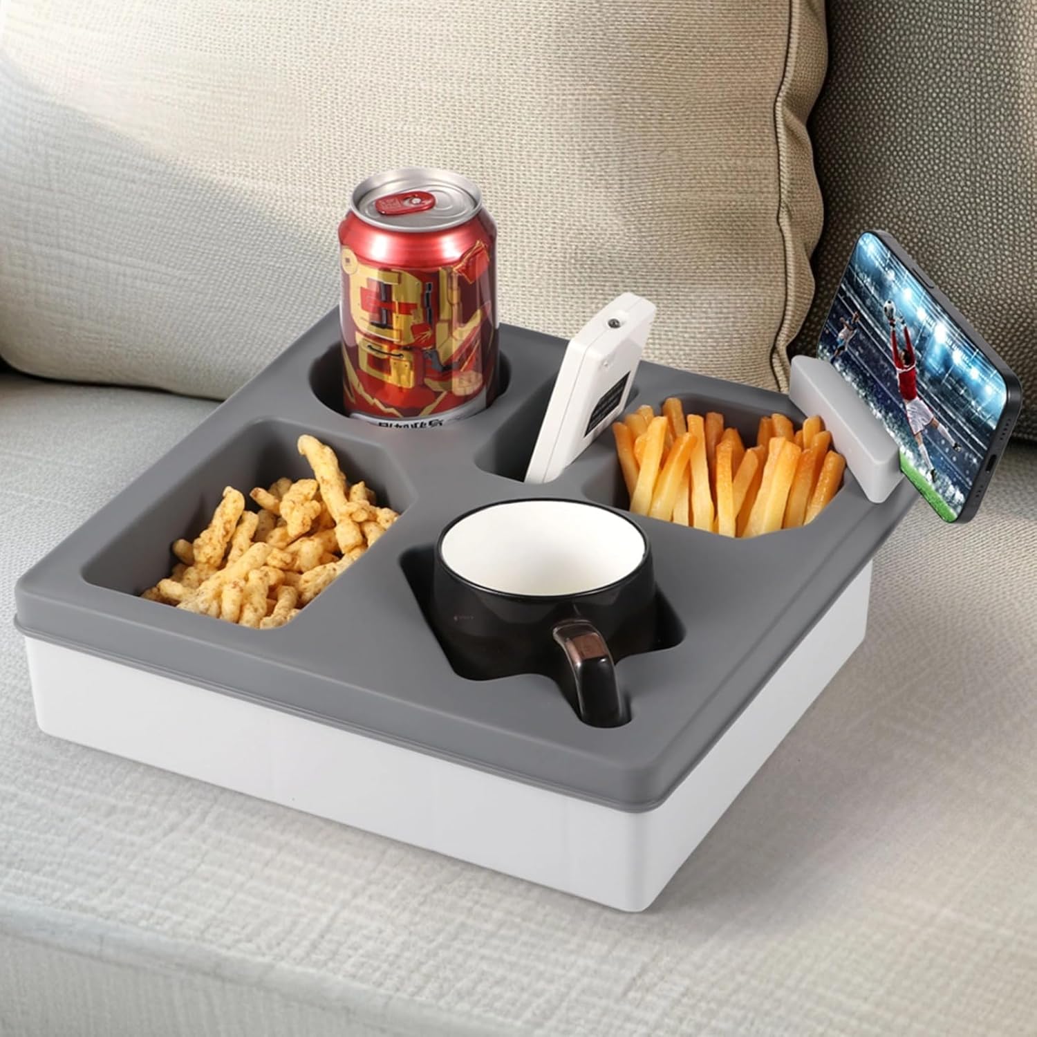 Silicone Couch Cup Holder Tray, 10.8 X 10.8 X 3 In Sofa Organizer With Phone Stand, Waterproof Bed, Seat, Beach Accessory For Snacks, Drinks, Remote, Cellphone