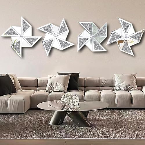 Miniatura 3 de XIHACTY Juego de 2 espejos decorativos de diamante, bonito espejo de pared con forma de molinete, espejo de cristal de diamante triturado para