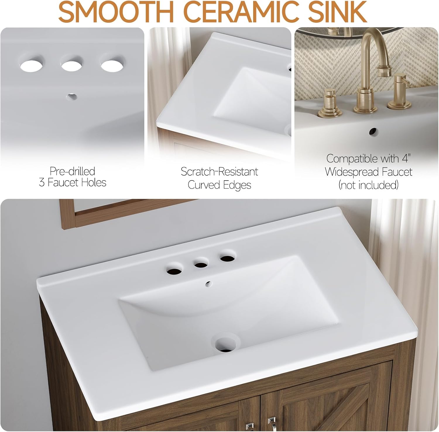 ONBRILL Farmhouse Bathroom Vanity with Sink, Freestanding Bathroom Vanities with Ceramic Basin & Soft-Close Door, Wood Cabinet with Adjustable Shelf for Apartment & Powder Room (Walnut, 30")