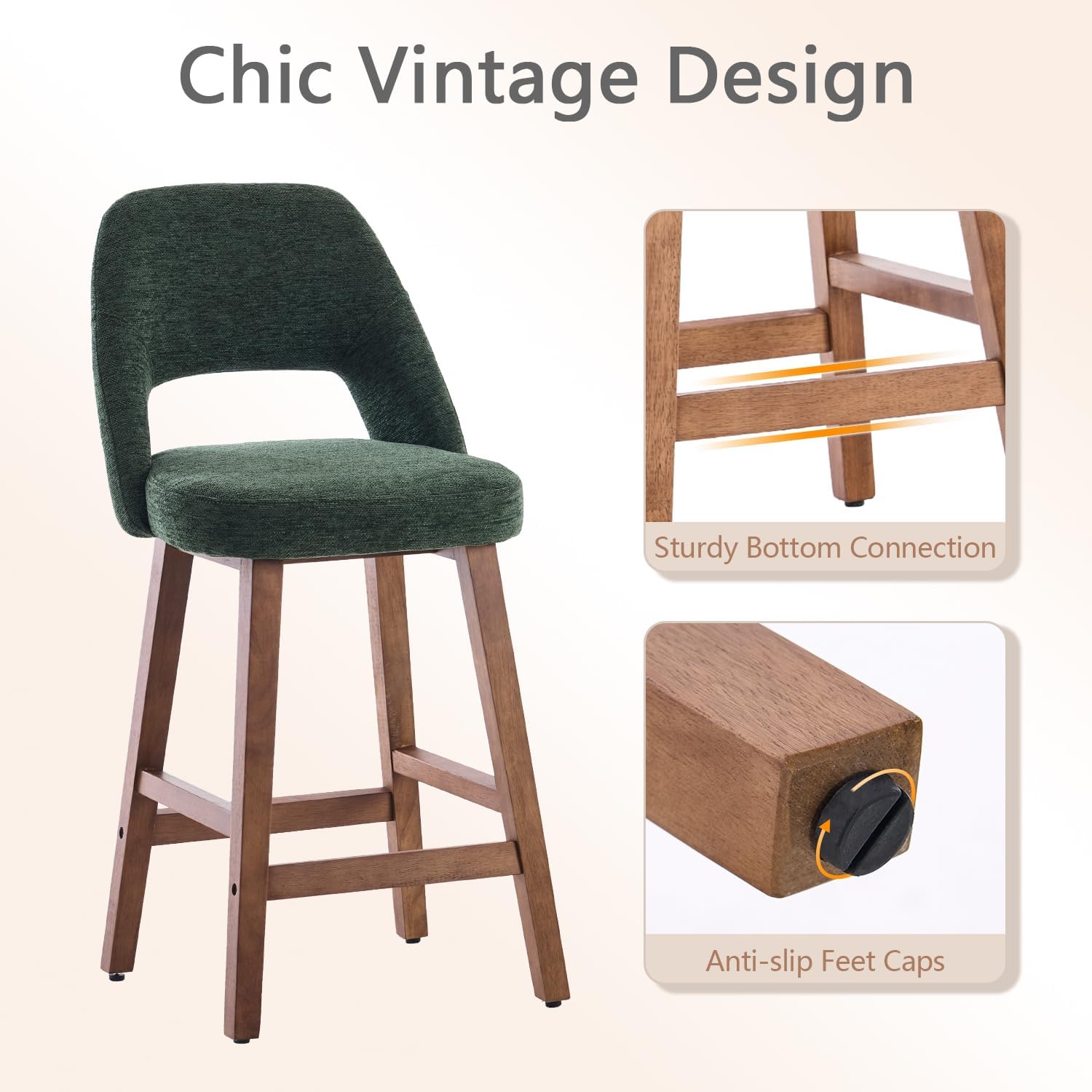 Rowill Counter Height Bar Stools, 26 Inch Bar Stools Set of 2 with Back, Upholstered Barstools with Footrest, Wood Legs, Fabric in Green