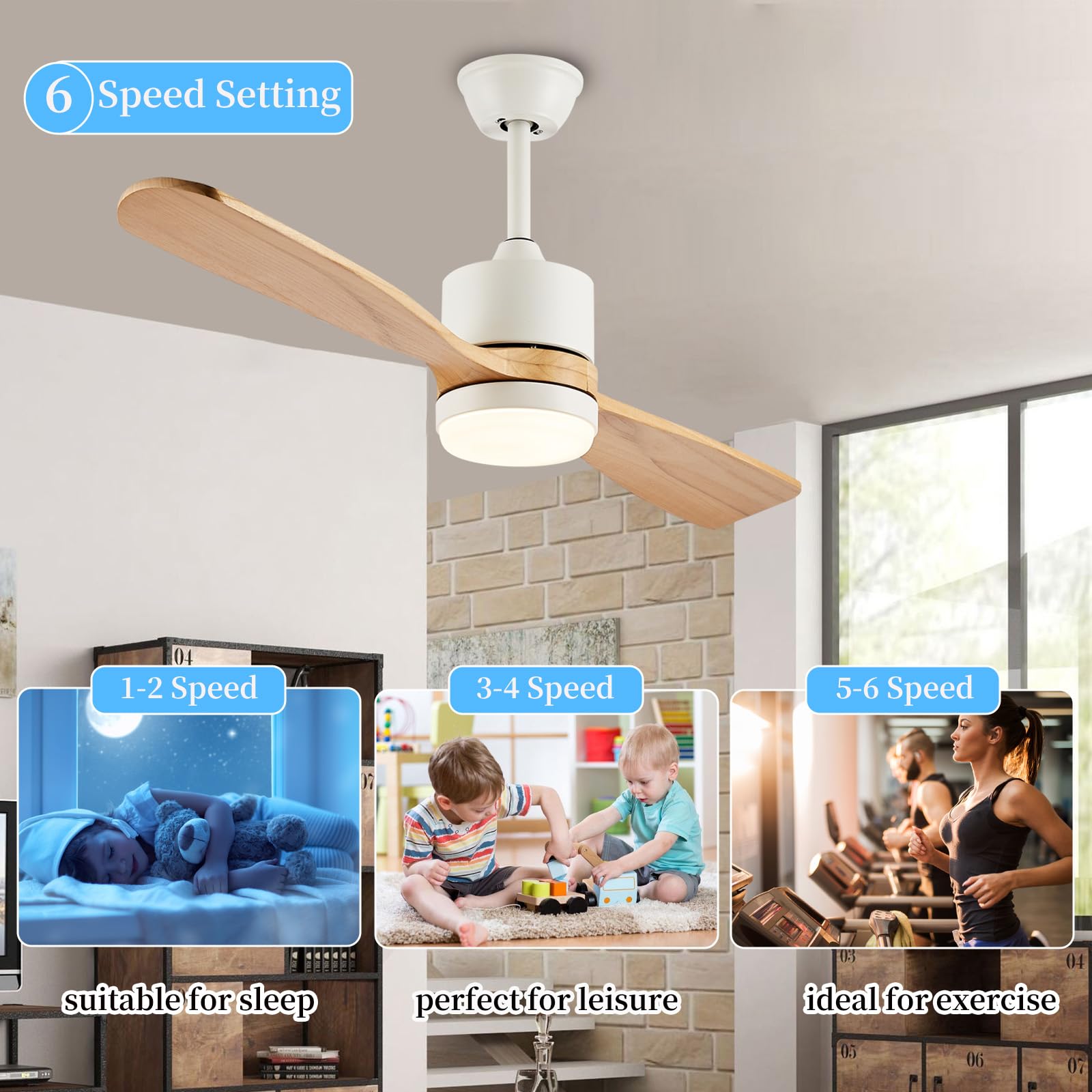 Lustre Ventilateur De Plafond LED Avec Telecommande Silencieux 6 Vitesses Réglable Suspension Luminaire Pour Chambre Salon Réversible 2 Bois Pales Plafonnier Ventilateur Design-A||106CM