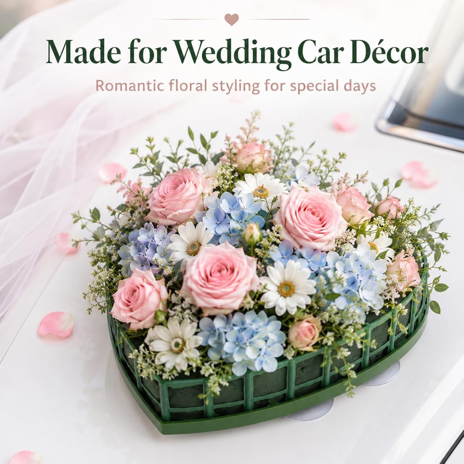 jojofuny Heart Shaped Floral Foam Holder with Suction Cups, Wedding Car Flower Holder, Green Floral Foam Block for Bridal Car Decoration, Party Centerpiece, DIY Fresh & Artificial Flower Arrangement