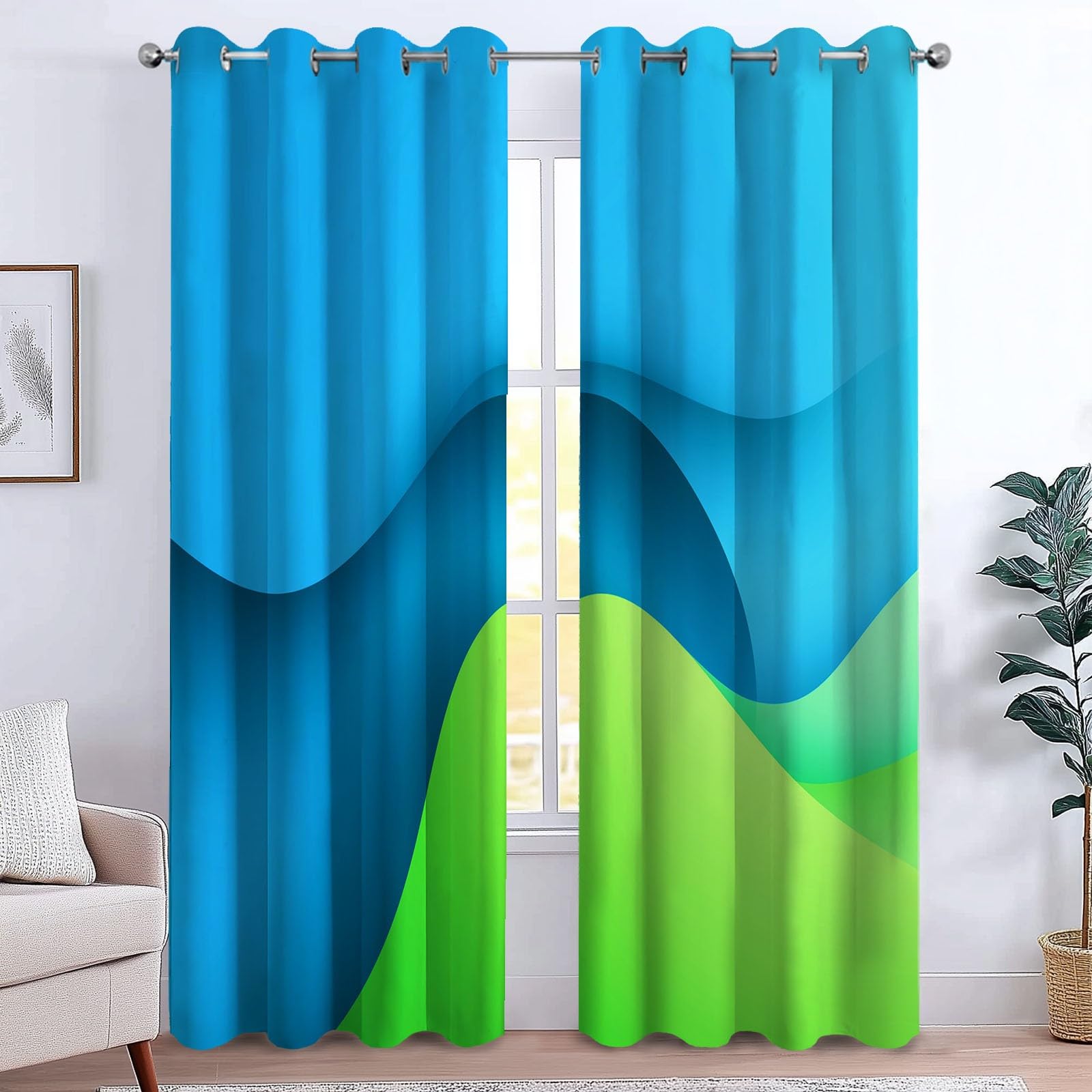 Générique Rideaux Occultants Enfant Minimalisme Lignes 110 x 215 cm (L x H), Isolation Phonique à Œillets Dégradés Formes Plates, pour Chambre Garçon (2 Panneaux) Bleu
