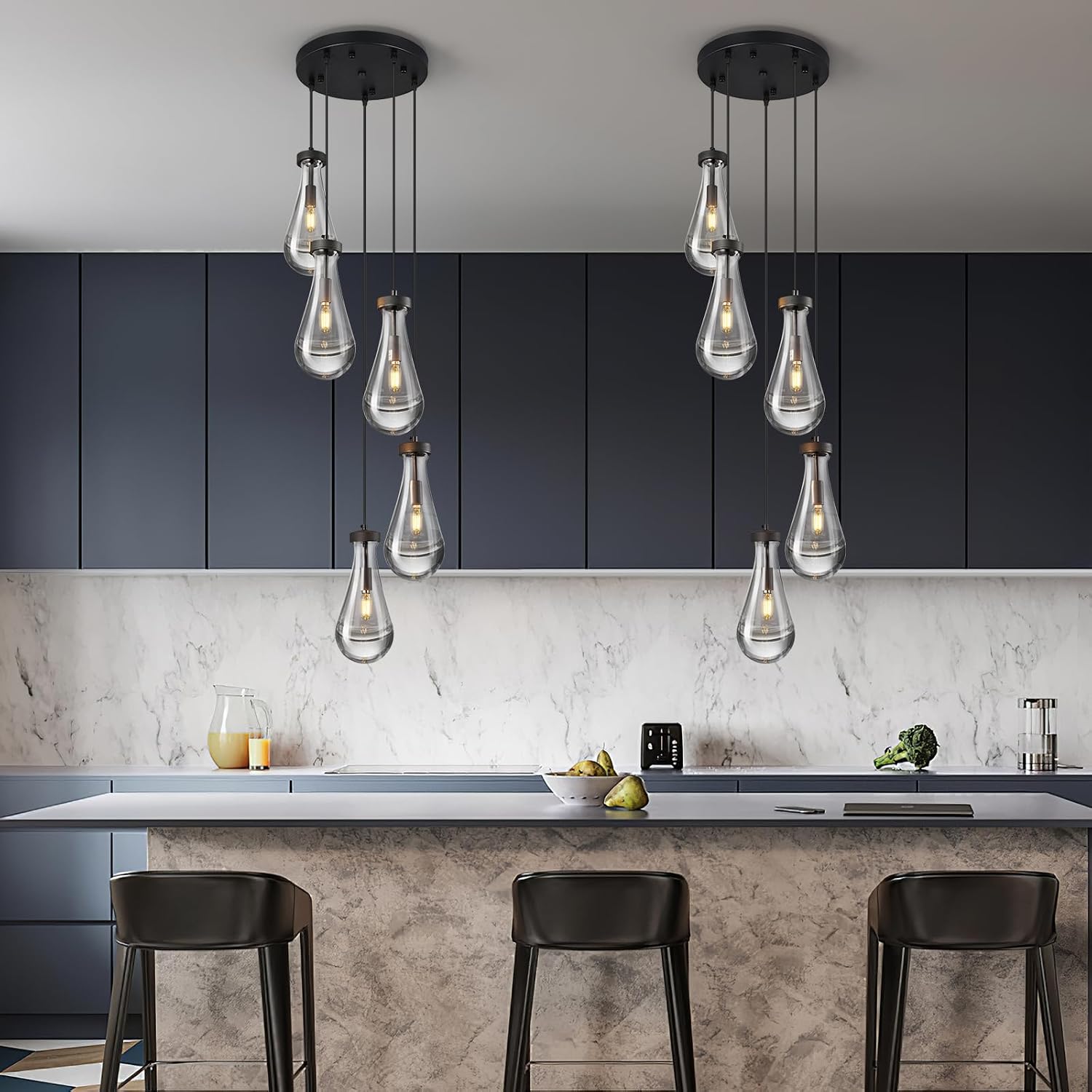Raindrop Pendant Lights Kitchen Island Teardrop Black Hanging Light Fixtures Clear Solid Glass Pendant Light Modern Chandeliers for Dining Room Porch Corridor Living Room(5-Light)