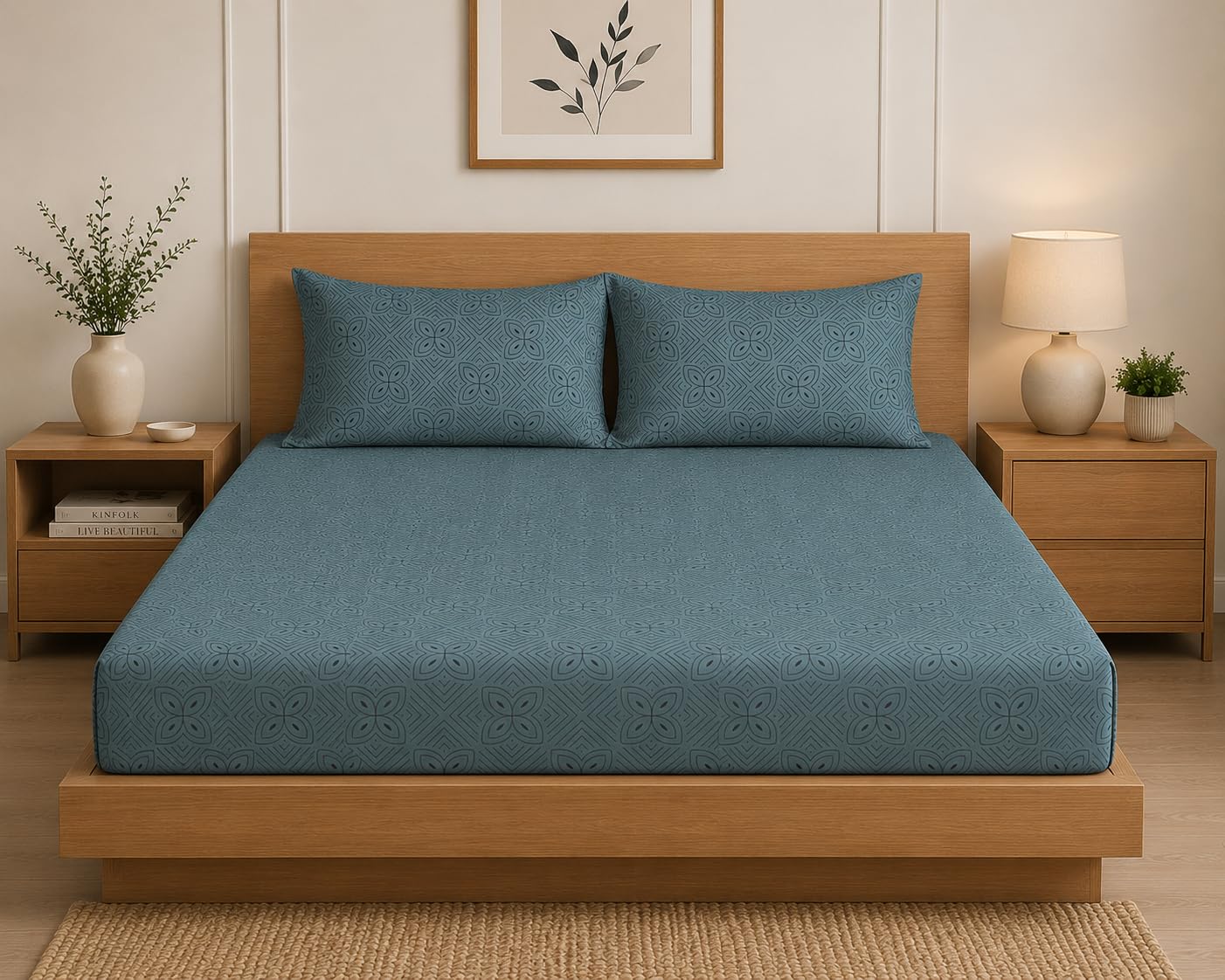 LOOMLYFE 300 TC Cotton Feel Glace Cotton Elastic Fitted Printed King Size Double Bed Bedsheet with 2 Pillow Covers Fits Upto 8 inches Mattress, Size- 72X78 Inches - SkyFlowerLines