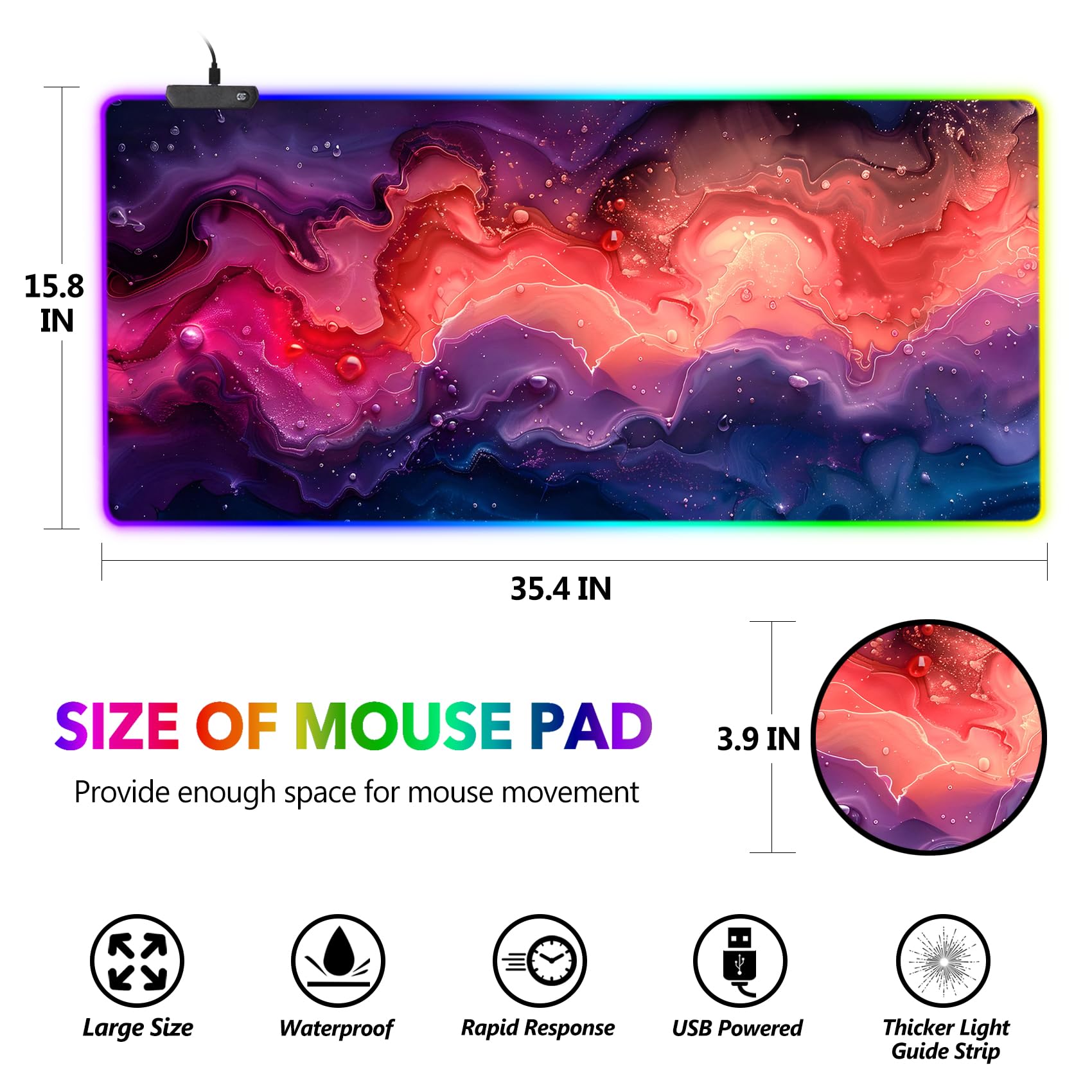 AIMSA Alfombrilla de mouse RGB extra grande para juegos con 14 modos de luz, alfombrilla de mouse LED extendida, base de goma antideslizante, alfombrilla de mouse para teclado de computadora, mármol