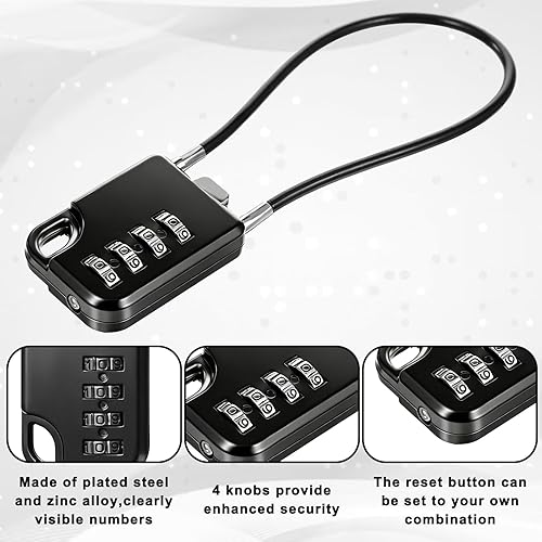 Miniatura 4 de Candado de cable de combinación de 4 dígitos, 2 unidades, bloqueo de cable de combinación fina reiniciable, multiusos, pequeños y largos, candado