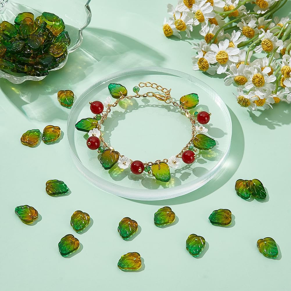 PH PandaHall 100pcs Glass Leaf Charms Leaf Beads Transparent Two-Color Leaves Pendants Glass Plant Charms for Spring Summer Earring Bracelet Necklace Jewelry Making DIY Crafts - Image 4