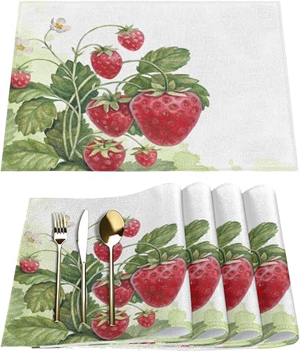 Juego de 6 manteles individuales cuadrados de tela con acuarela de fresa, para mesa de cocina, resistentes al calor, fáciles de limpiar, 12 x 18