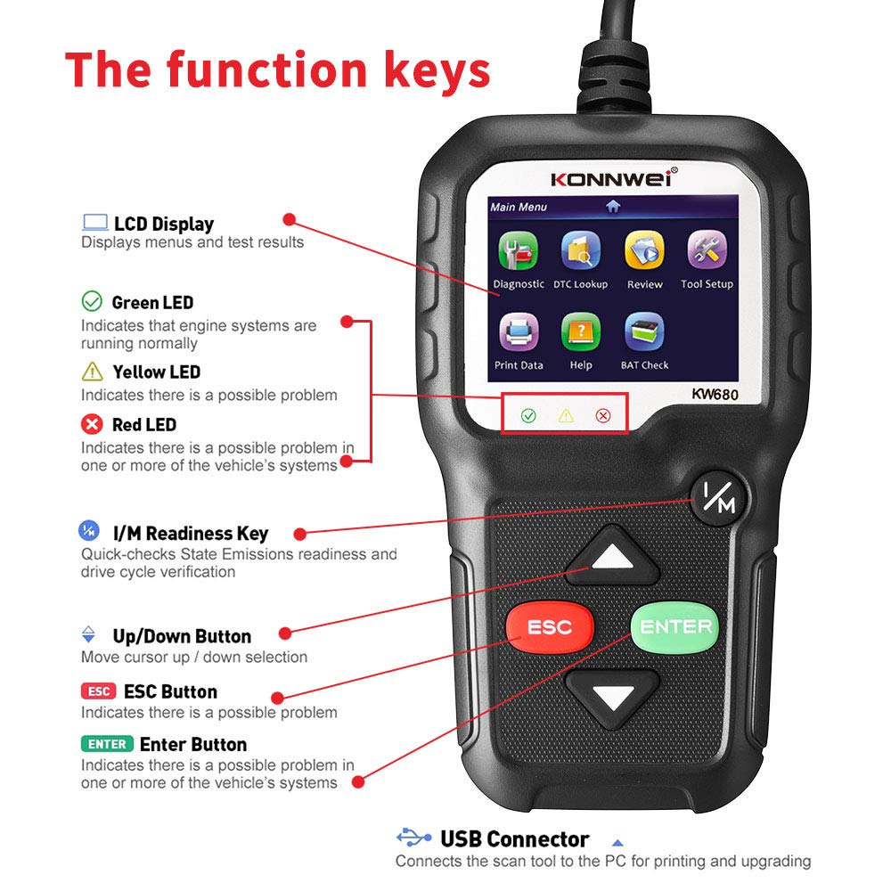 KONNWEI KW680 Diagnosis OBD2, Diagnostico Coche Multimarca apoya español,Lector de Códigos de Error, Diagnóstico Completo del Motor, Compatible con BMW/Peugeot/VW y Todos los Vehículos OBDII