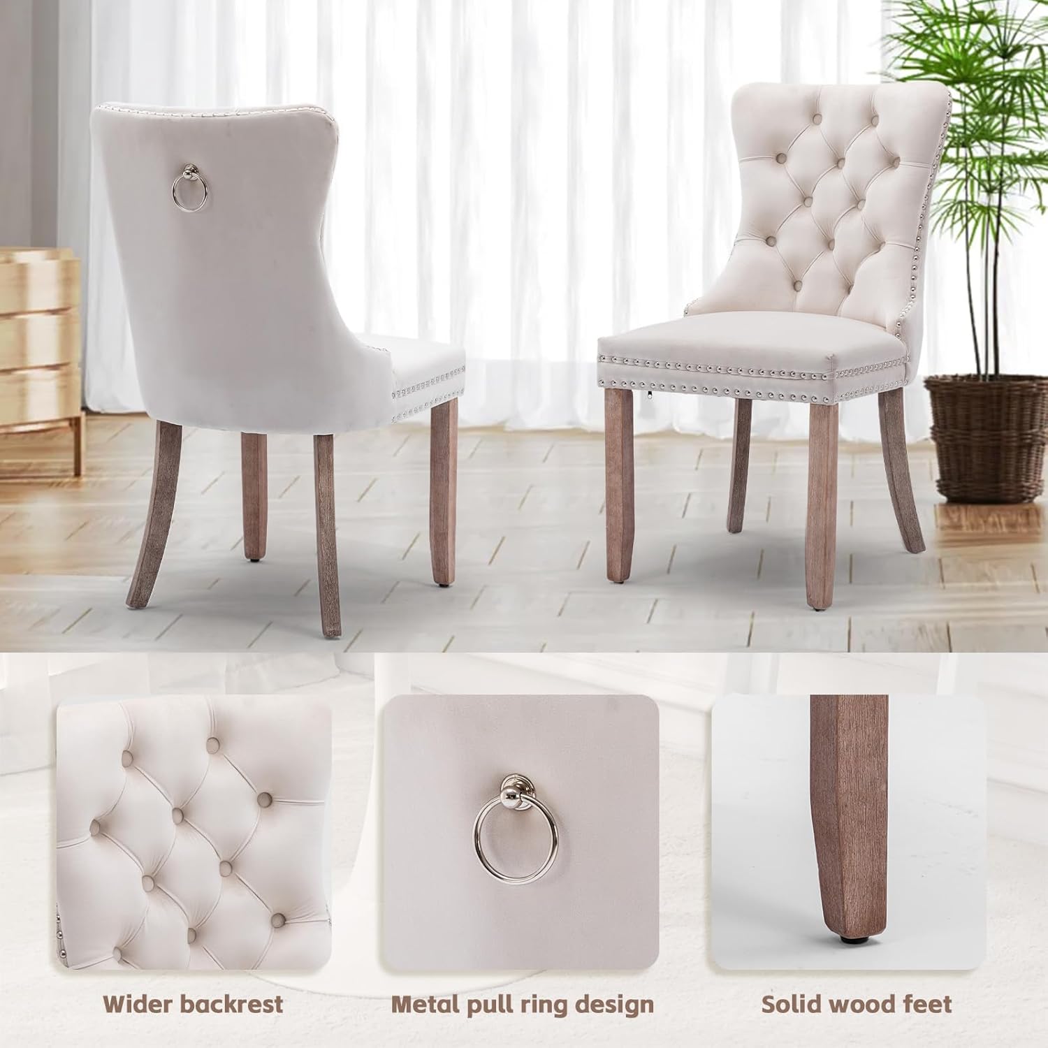 Close-up of the SoarFlash velvet dining chair showing tufted backrest, metal pull ring, and solid wood legs.