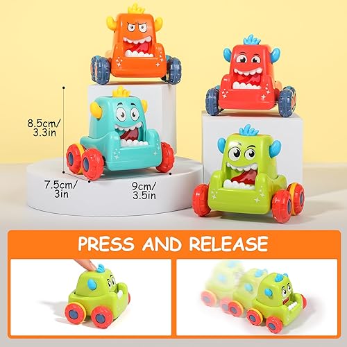 Miniatura 5 de Popsunny 4 piezas de juguetes de coche para niños pequeños de 1, 2 y 3 años, autos de presionar y llevar, no requieren baterías, juguetes de