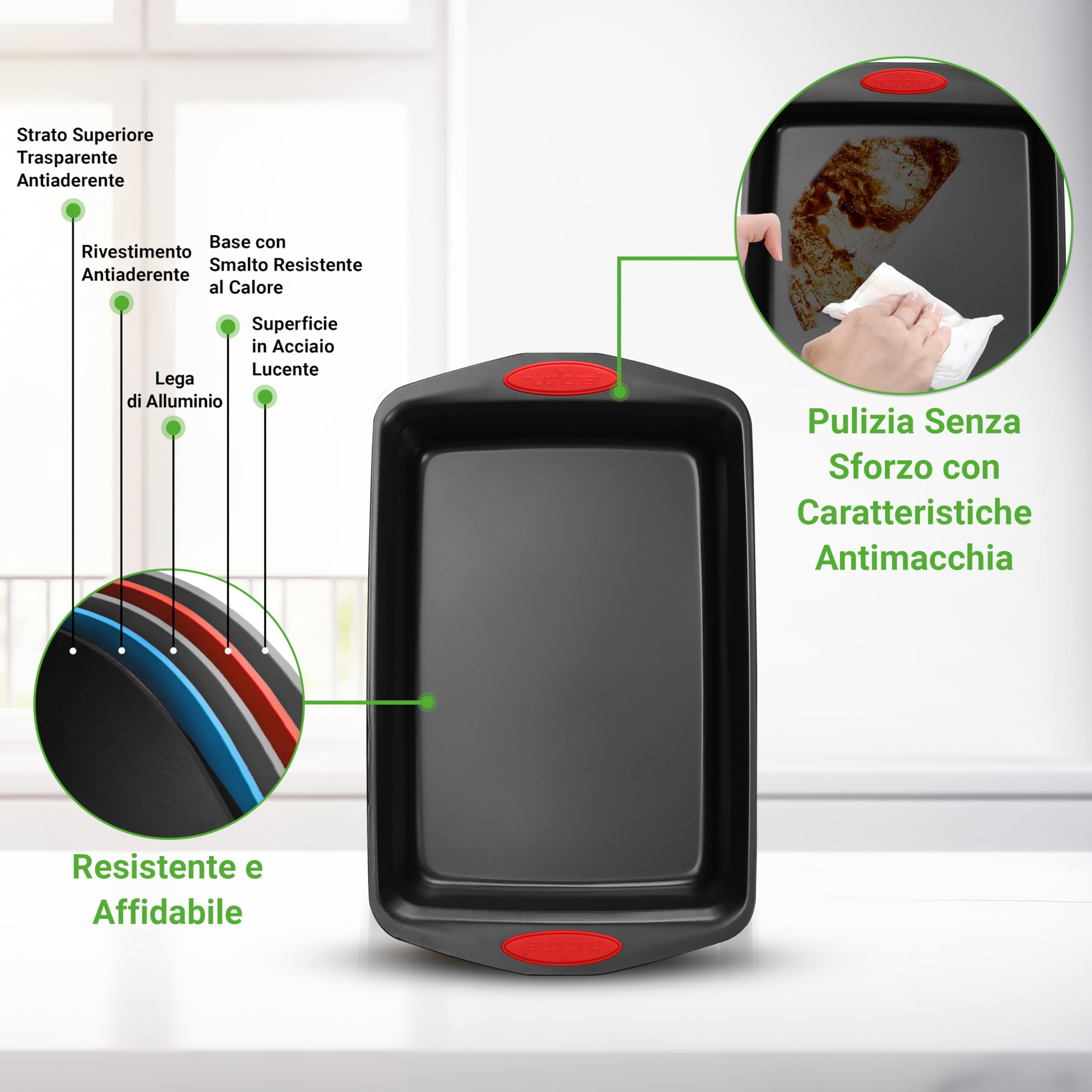 NutriChef Set 3 Pezzi Teglie Forno Antiaderenti in Acciaio al Carbonio con Manici in Silicone, Teglie da Forno Grandi, Medie, Piccole per Pizza, Pane, Dolci, Biscotti, Lasagna, Verdura, Torta, Nero