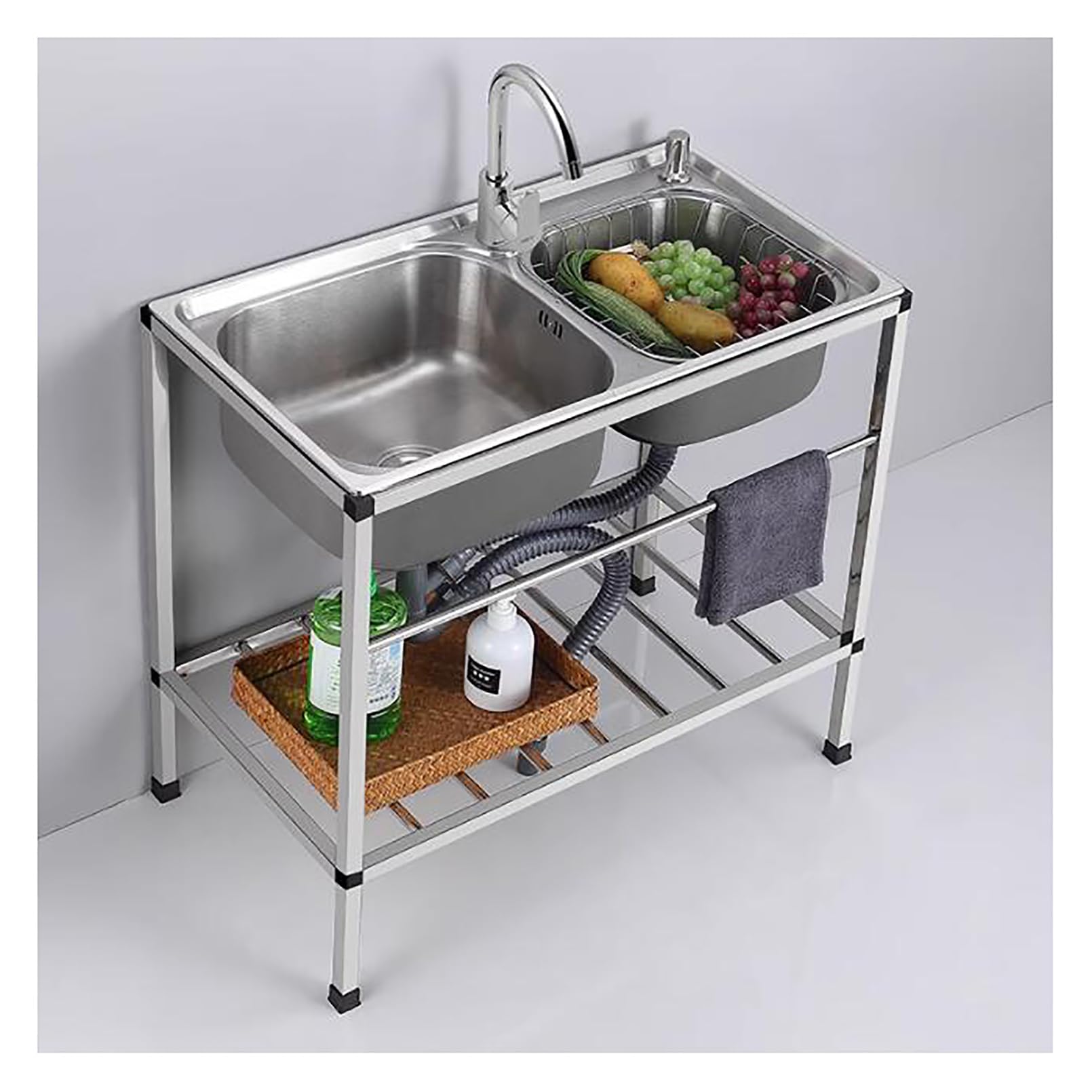 YADZISW 2 Compartment Commercial Kitchen Sink Prep Table Free Standing Stainless Steel Double Bow Utility Set with Faucet