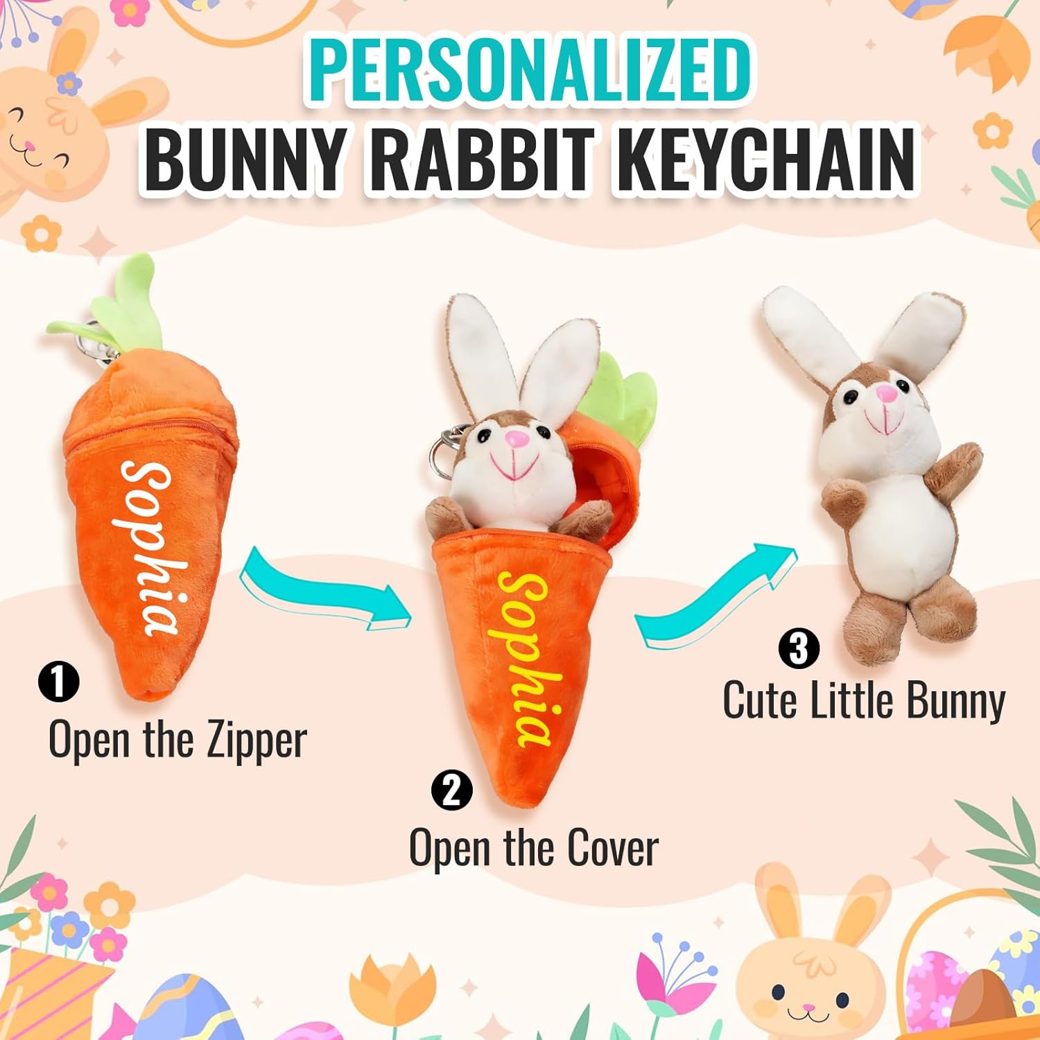 Personalized Easter Bunny Rabbit with Name, Custom Easter Plush Rabbit Keychain, Baby Easter Toys Gifts for Boys Girls, Funny Reversible Carrot Bunny Toy, Easter Gifts for Kids, Children's Day