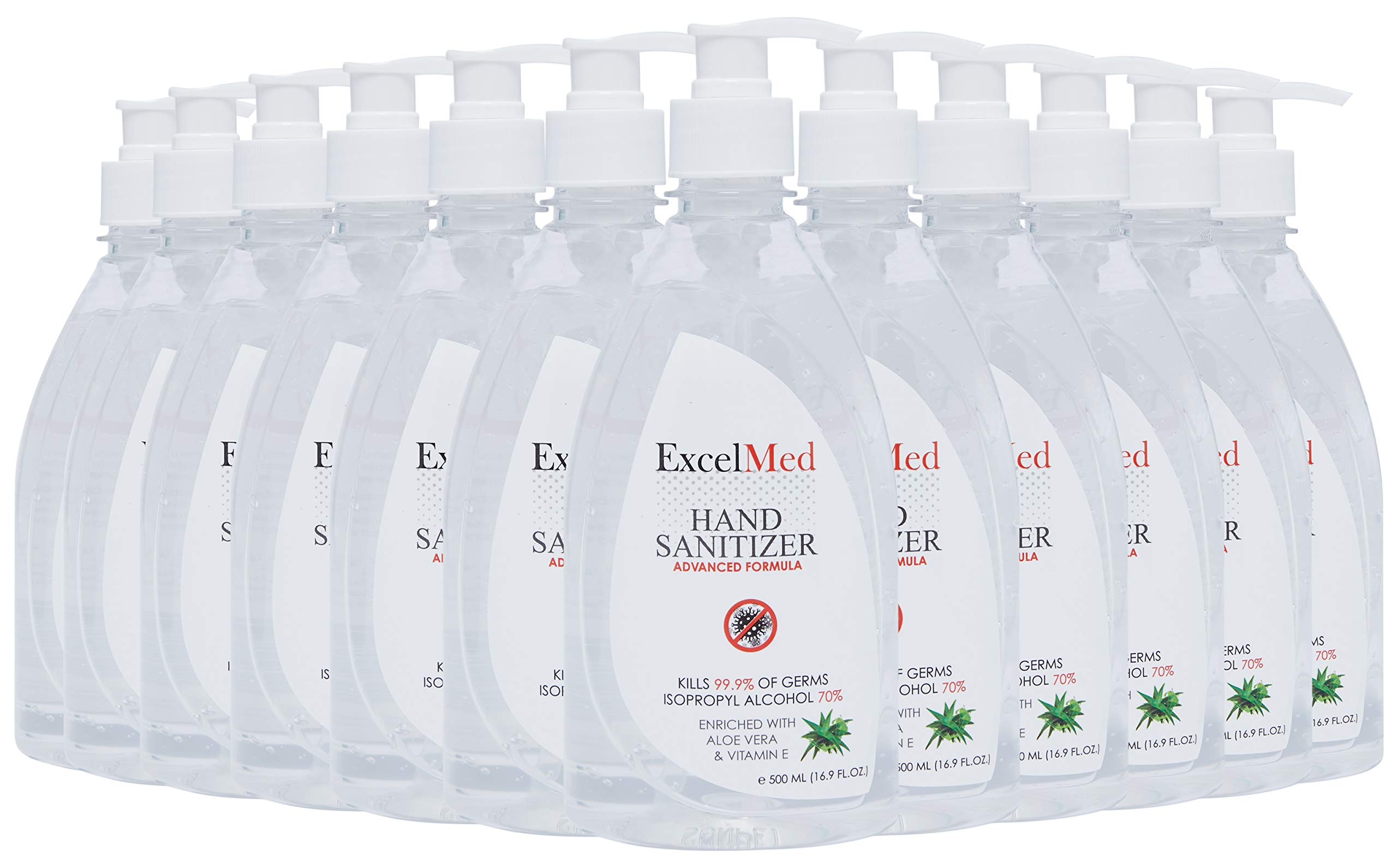 ExcelMed Hand Sanitizer Gel 500ml (Package of 12), Aloe Vera + Vitamin E, Packages of 1,3,6,12 Available