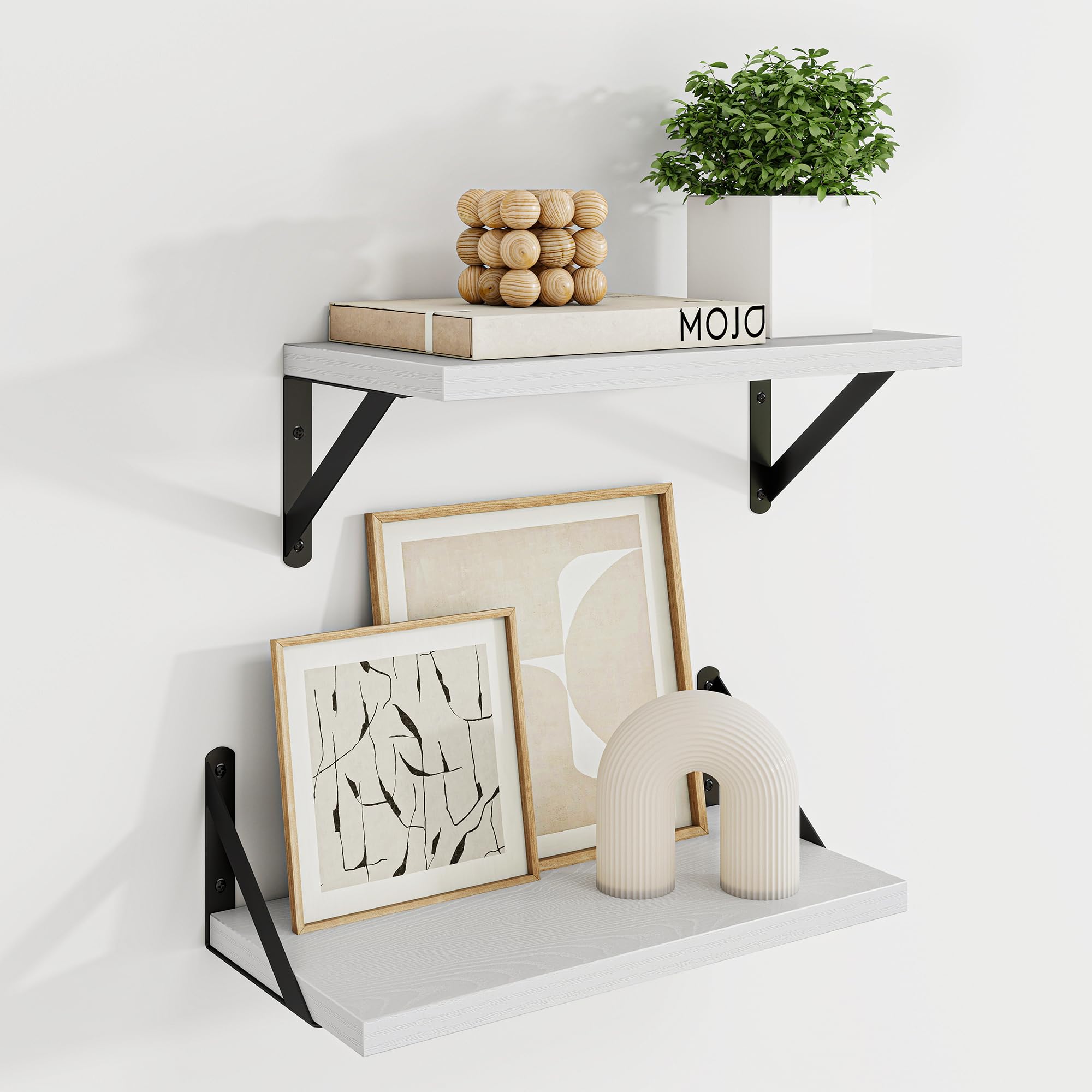 Deep Floating Shelves for Wall, 16W x 8D Wall Mounted Shelves Set of 2, Wide Display Ledge Shelf with Sturdy Metal Brackets for Living Room, Bathroom, Bedroom and Kitchen, White