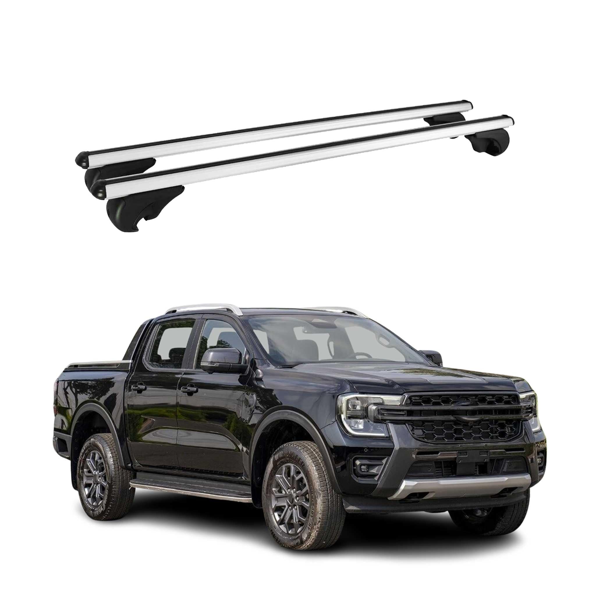 OMAC Dachträger für Ford Ranger 2011-2026 Aluminium 2 Stangen Silber | TÜV/DIN 75302:2019 geprüft, Abschließbar, bis 75 kg Traglast, Querträger, Grundträger
