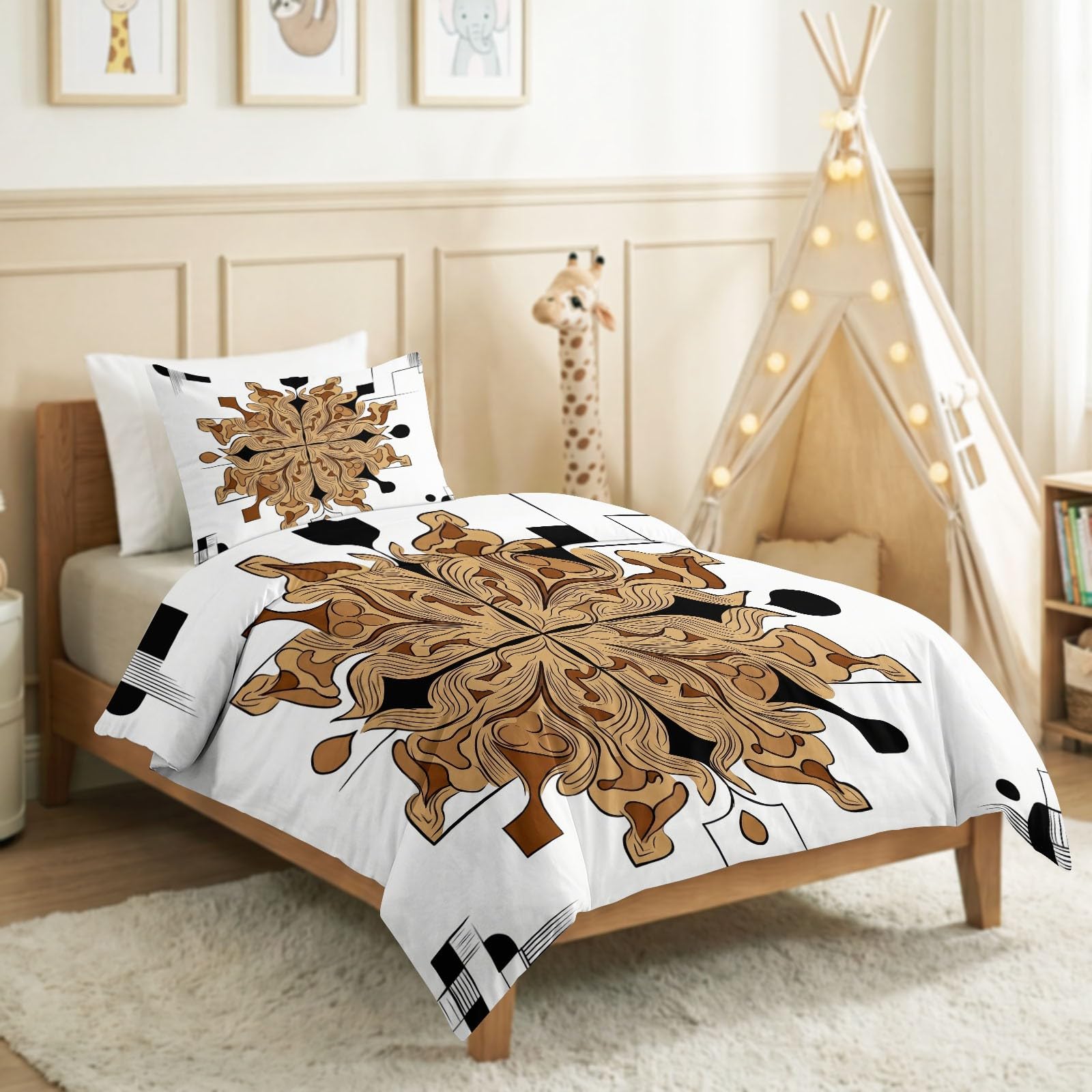Kunst Eleganz Mandala Blumen Bettwäsche Set 240 x 220 cm, Beige Bettbezug Set Weich Komfort Mikrofaser Bettwäsche 3teilig für Geschenke Zimmer Deko mit Reißverschluss und 80x80 cm Kissenbezug