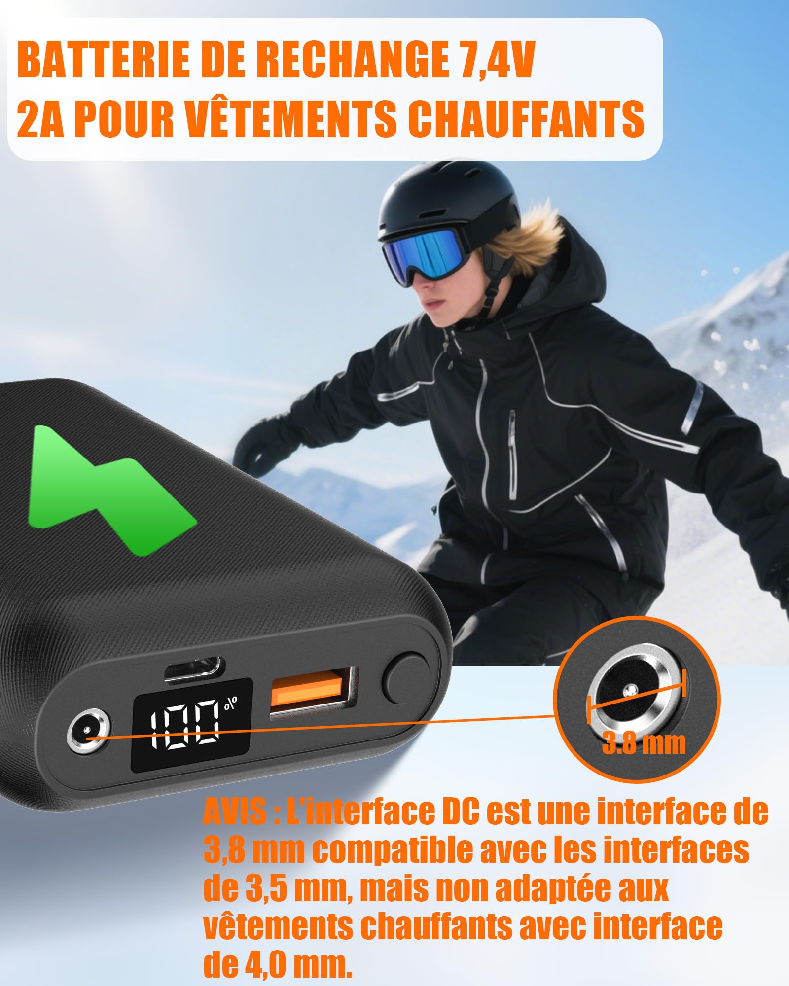7,4 V DC 20000 mAh Batteria per Gilet Riscaldato – Power Bank di Ricambio per Giacca, Cappotto, Pantaloni e Biancheria intima Riscaldati