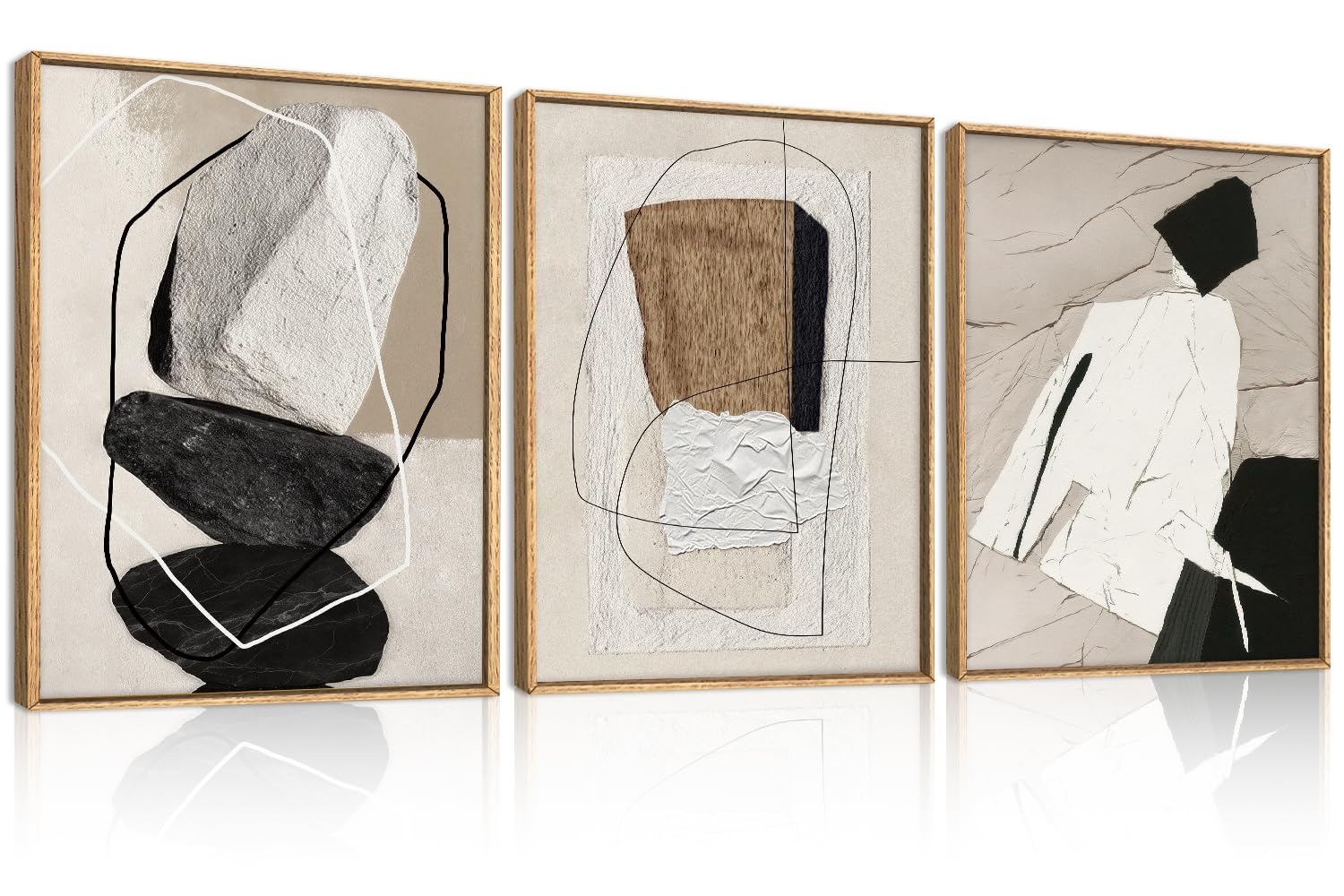 ANHUIB Neutral Abstract Wall Art Canvas,Black Beige Artwork, Modern Textured Framed Wall Art, Minimalist Geometric Painting,16x12Inches Set of 3 for Living Room Bedroom