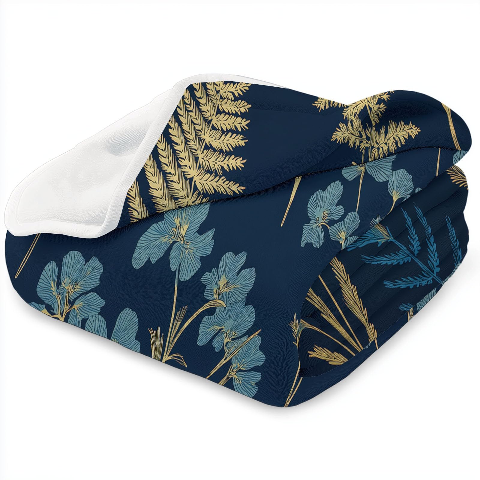 Coperta in flanella con fiori selvatici e felci, 150 x 200 cm, coperte in pile in microfibra pile per tutte le stagioni, per viaggi, divano per bambini, adulti, blu navy