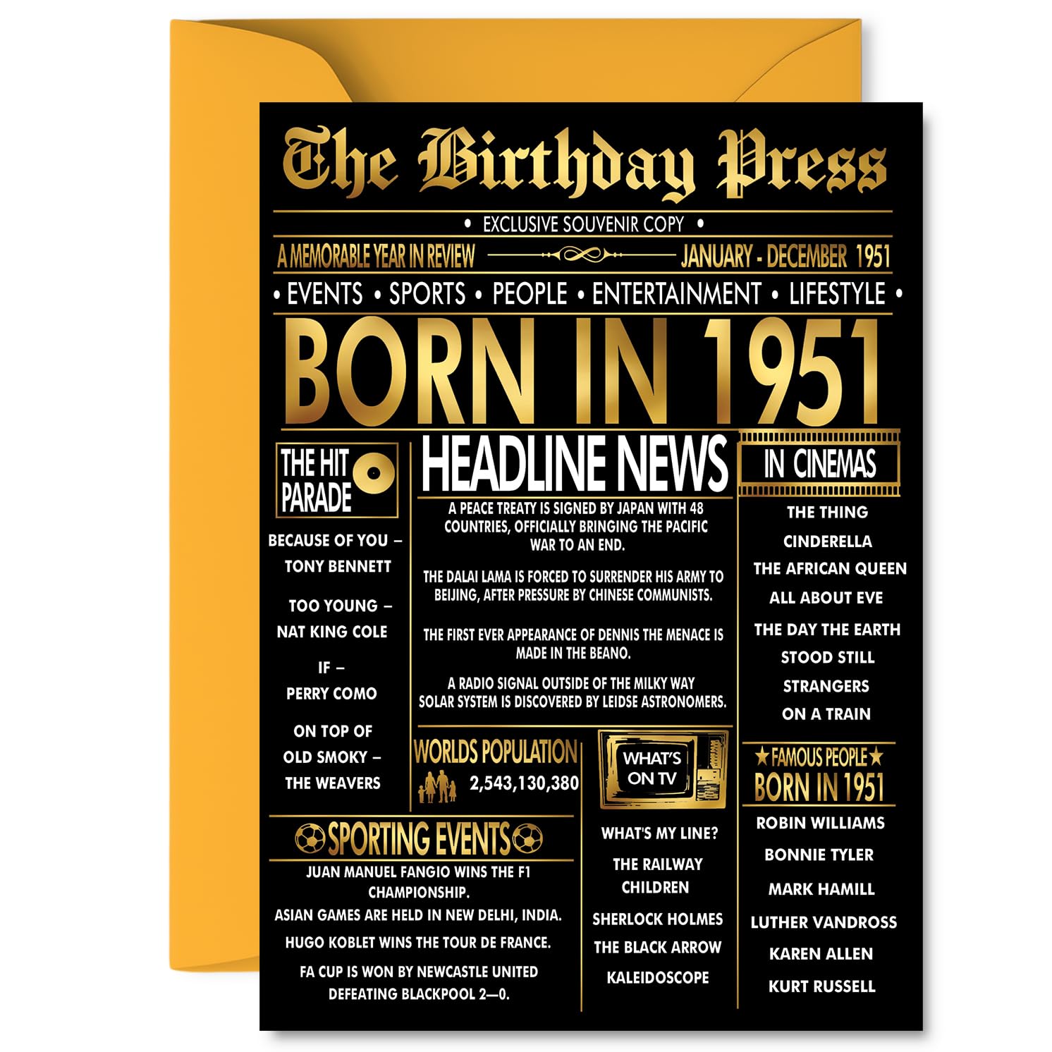 Gold 75th Birthday Card for Men Women - Black & Golden Newspaper Born in 1951 - Happy 75 Birthday Cards for Sister Cousin Auntie Dad Nan Nanny, 5x7 Inch Bday Greeting Cards