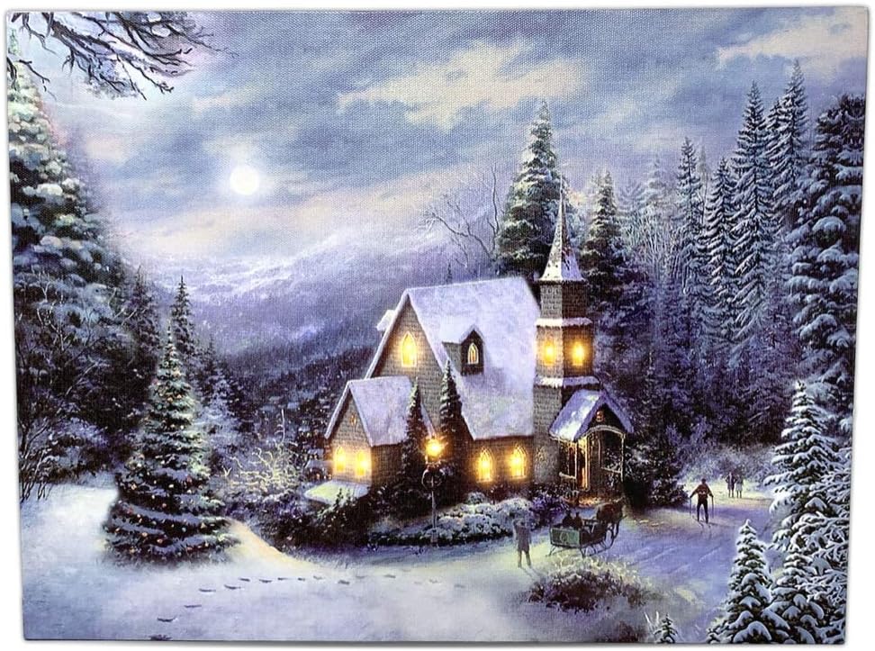 BANBERRY DESIGNS Lighted Church Christmas Canvas Print - Light Up LED Winter Woodland Country - Snowy Forest Setting -Measures 11.75" x 15.75".