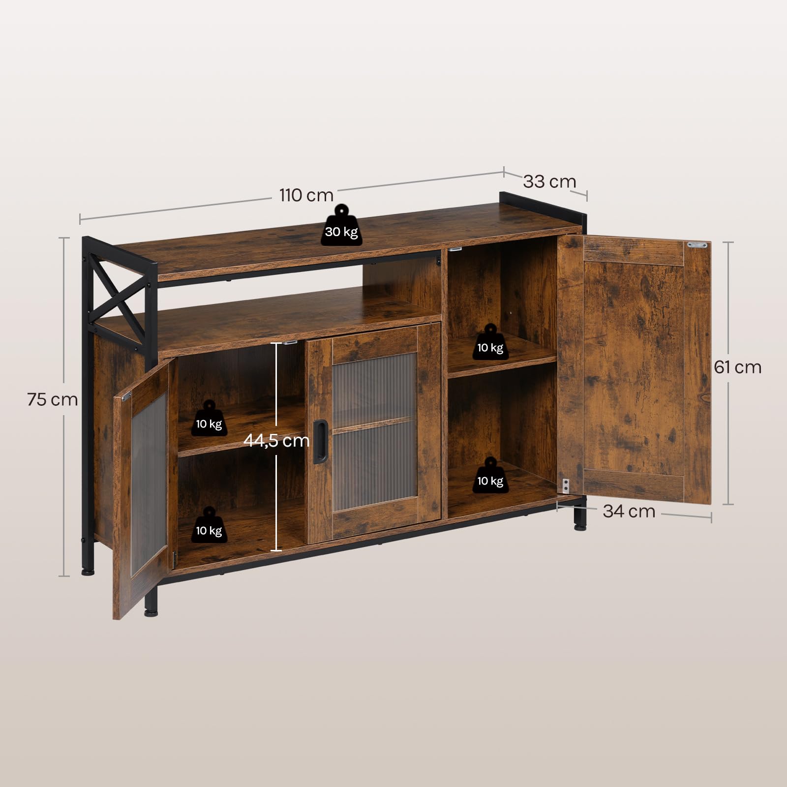 WOLTU Buffet de Cuisine, Meuble de Rangement, avec 3 Portes, Plan de Travail et Compartiment Ouvert, pour Cuisine, Salon, Entrée, 110x33x75 cm, en Bois + Métal, Marron Rustique