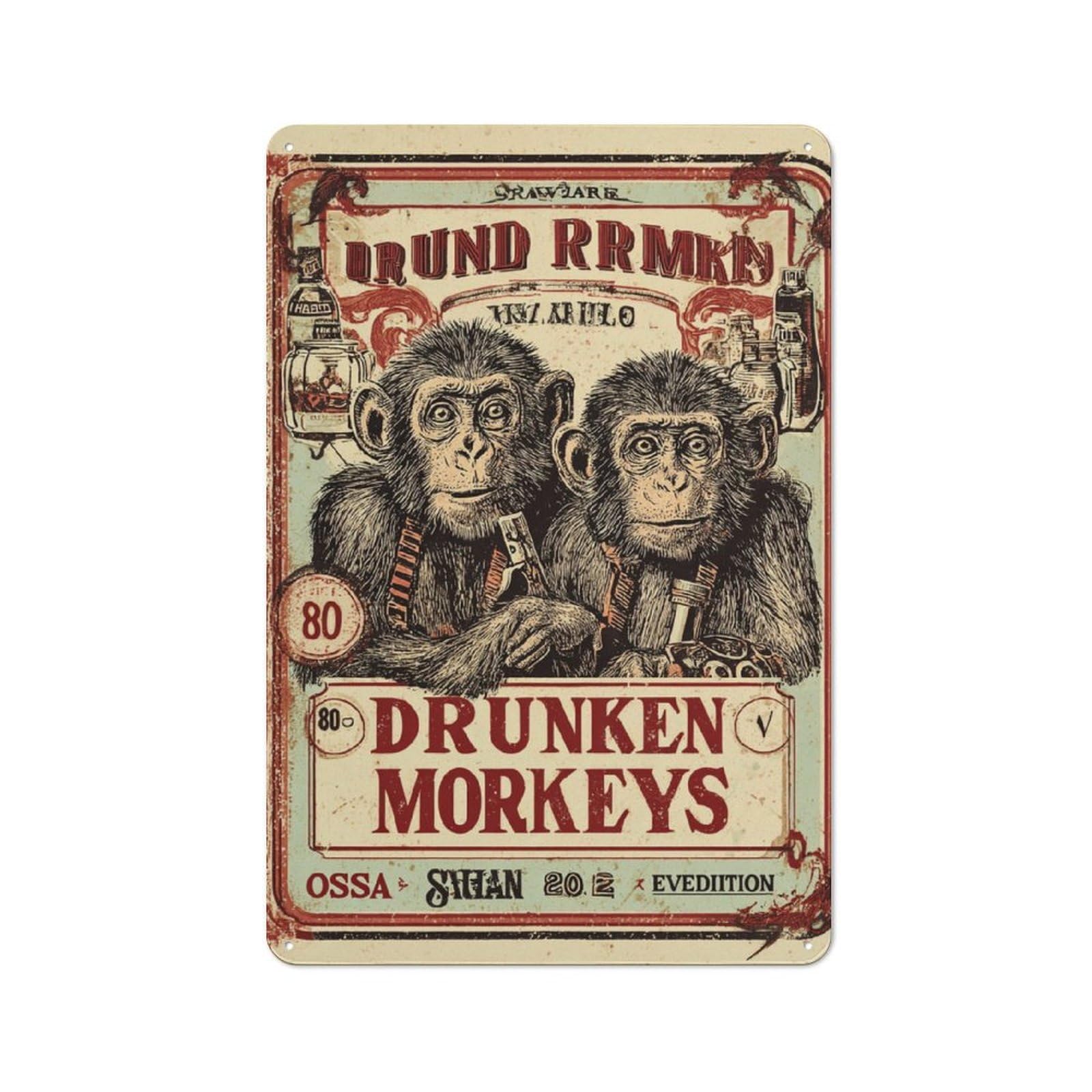 Junmoney Drunk Monkeys Retro Metal Plaque 30X20cm For Lounge Or Reading Corner, Winter Wall Decor For Reading Corner Decorators
