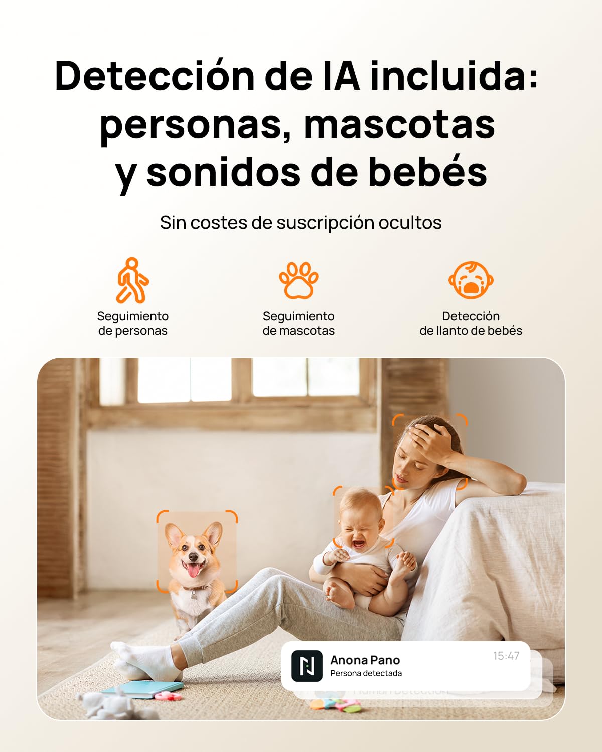 Anona Pano 4K Cámara Vigilancia WiFi Interior 360°, 8MP Detección de Perros
