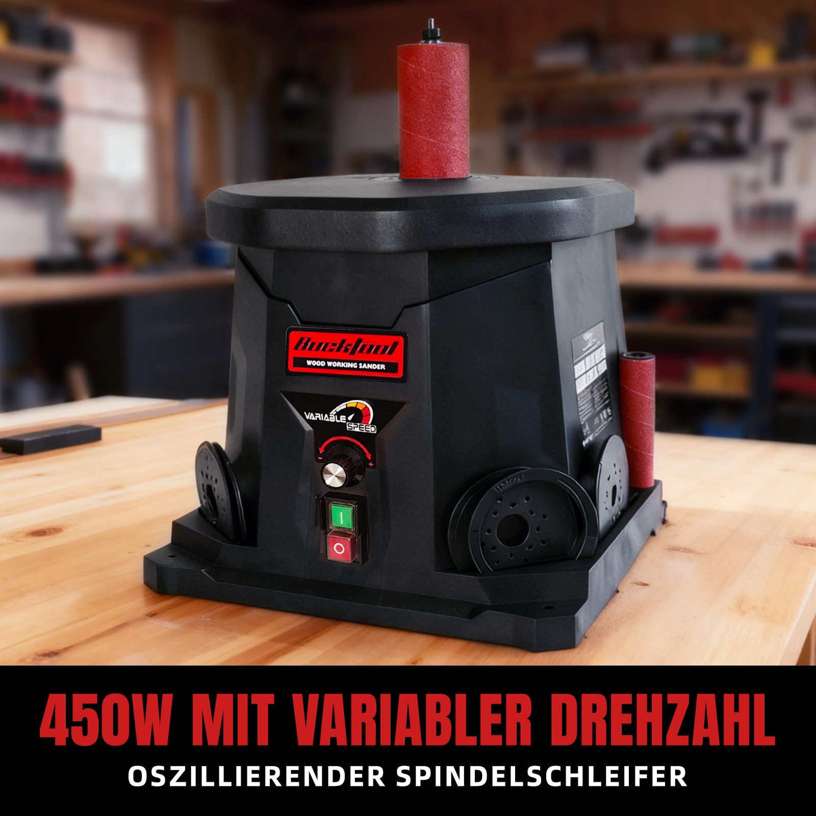 BUCKTOOL Amoladora de husillo de 450 W, lijadora oscilante de husillo | 1000-1800 rpm de velocidad variable, 6 manguitos de lijado, oscilación de 16 mm y extracción de polvo para bordes y contornos