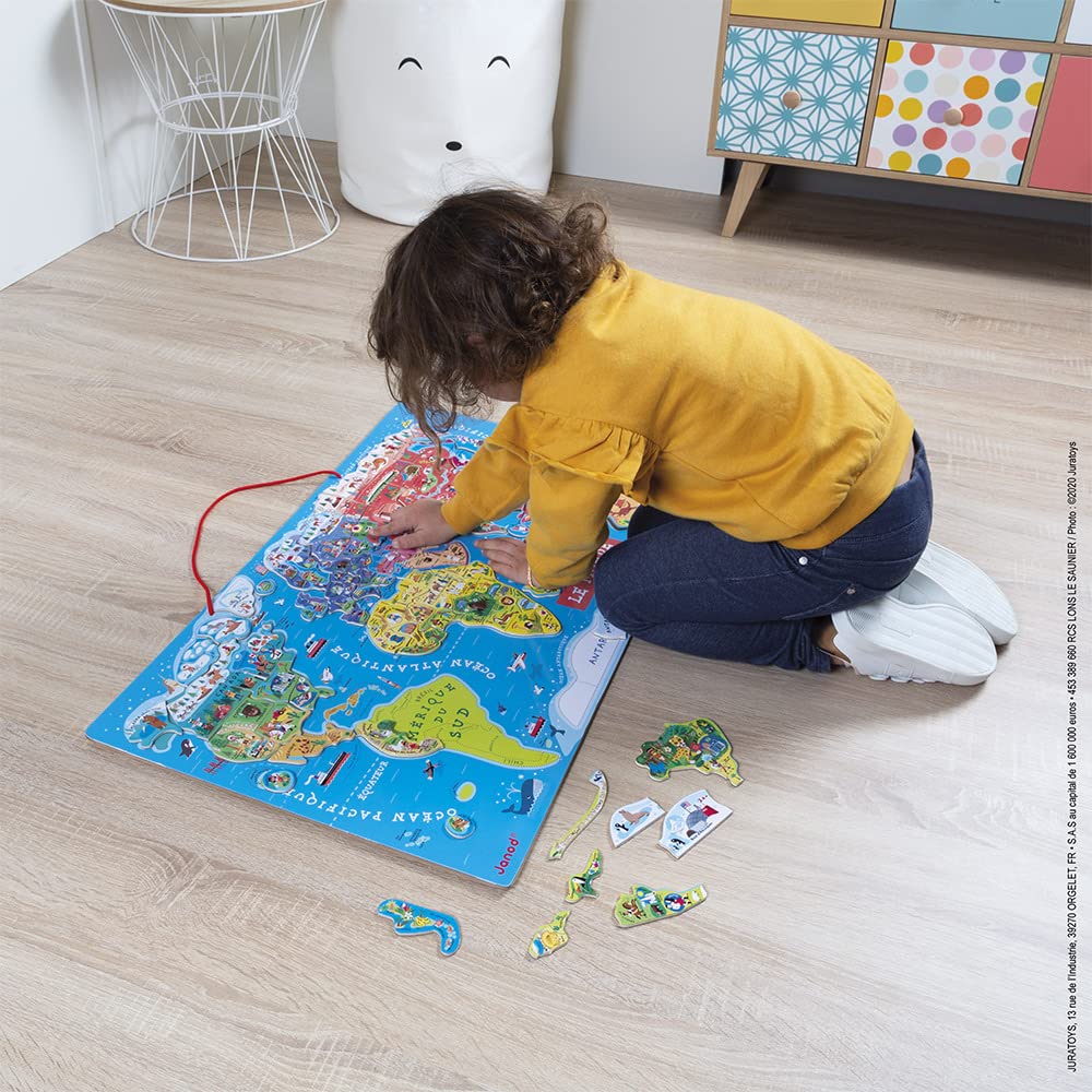 Janod - Drewniana układanka z magnetyczną mapą świata - 92 elementy magnetyczne - 70 x 43 cm - wersja francuska - gra edukacyjna od 7 lat, J05500 Metallic Silver